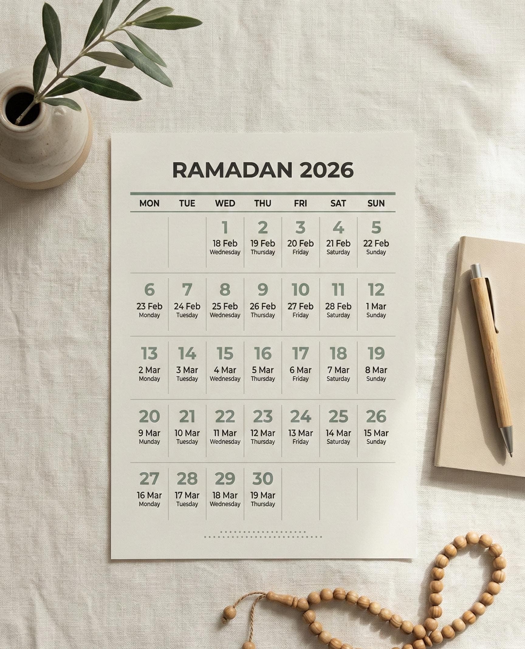 Ramadan 2026 Calendar Printable | Modern Minimal Islamic Wall Calendar | Scandinavian Design | A4 Printable | 18 Feb โ 19 Mar - image 3