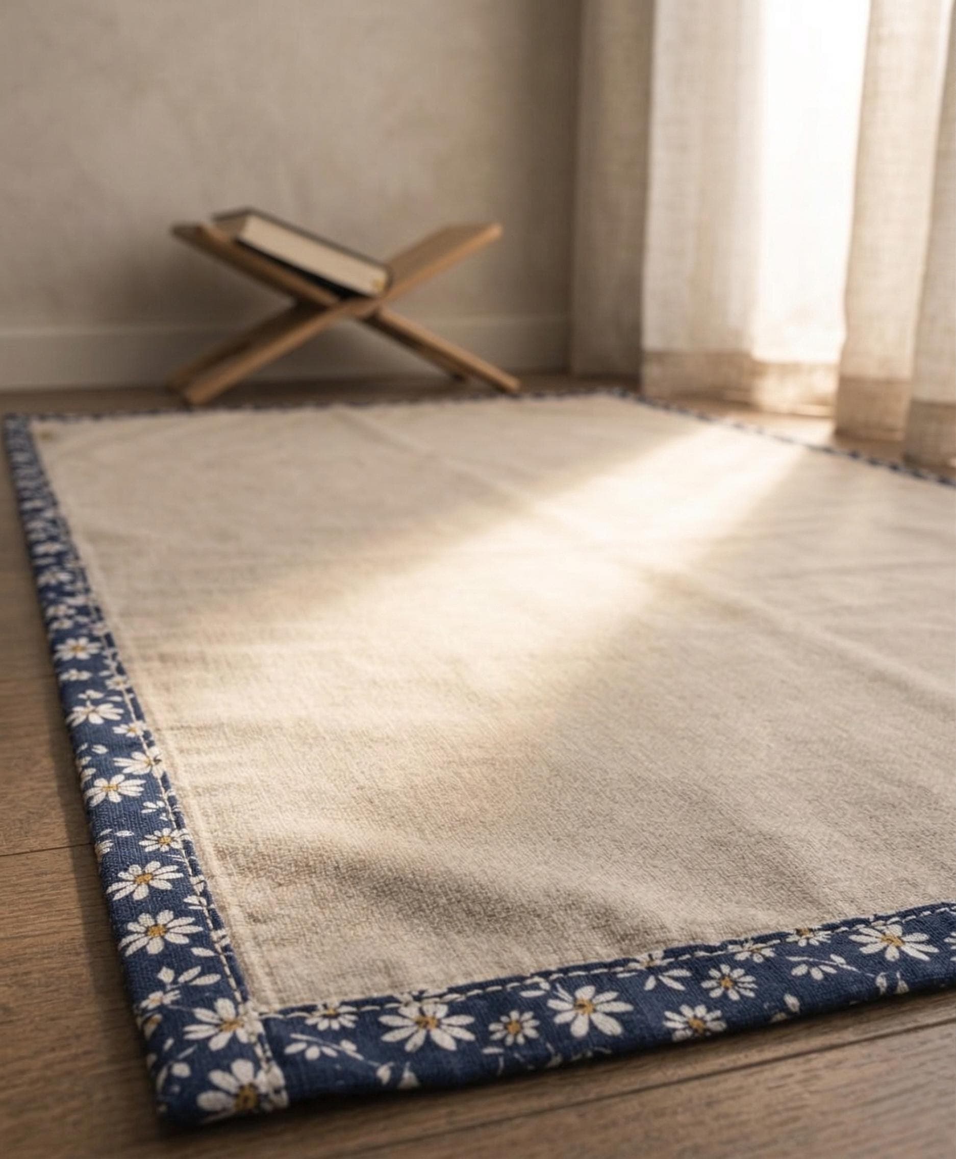 Minimalist Linen Prayer Mat, Daisy Floral Edge Sejjadah, Compact Travel Rug (70x110 cm) - image 4