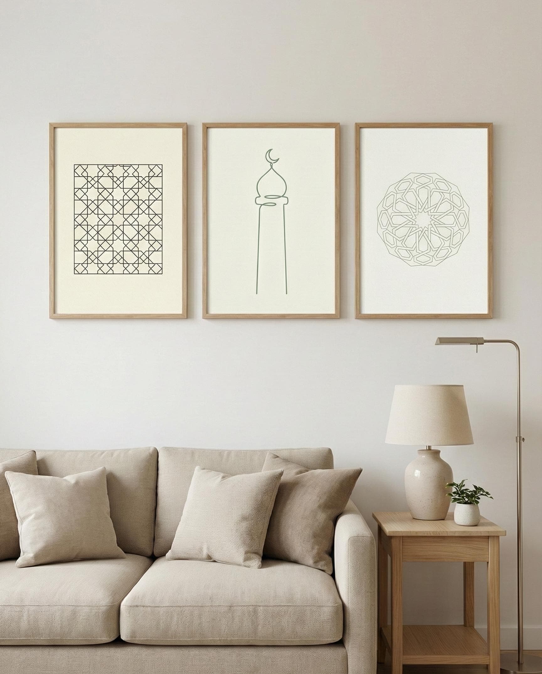 Set of 3 | Modern Islamic Wall Art Set | Mashrabiya Minaret Geometry Prints | Muslim Office & Home Decor