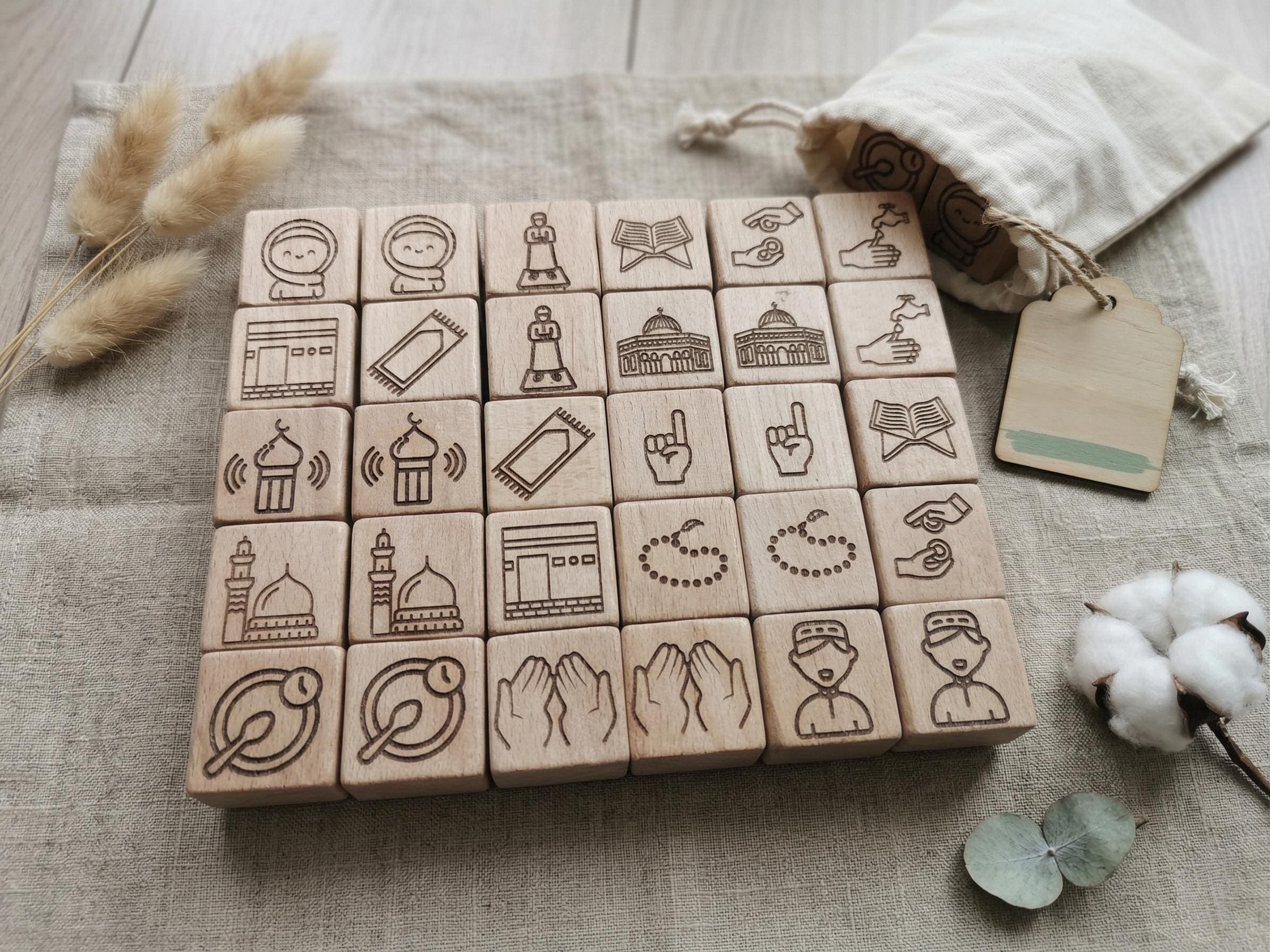 Montessori Islamic Wooden Matching Game, Muslim Kids Learning Puzzle, Quran Mosque Kaaba Shapes