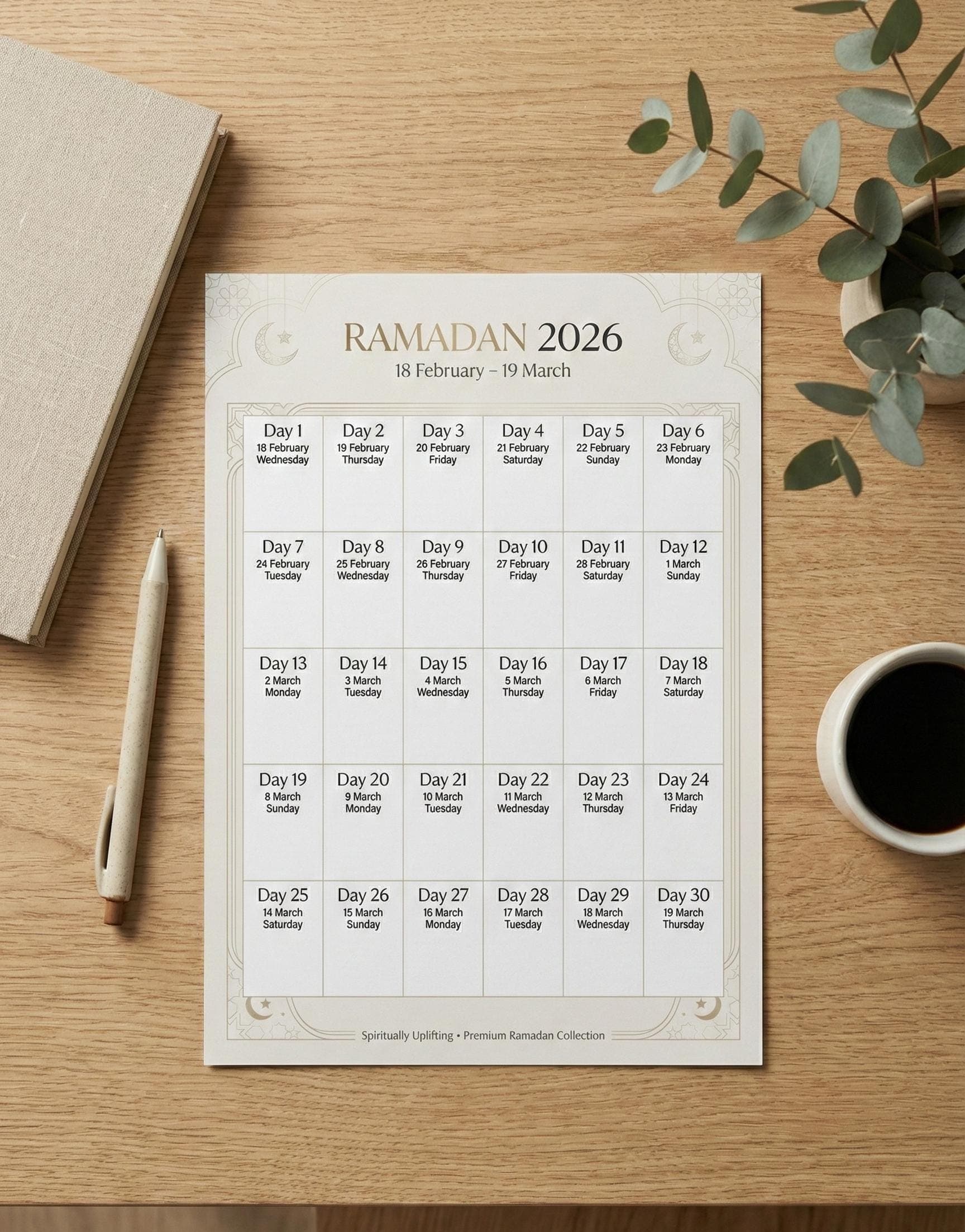 Ramadan 2026 Wall Calendar | Premium Islamic Calendar Printable | Elegant Ramadan Home Decor | Spiritual Gift | A4 PDF