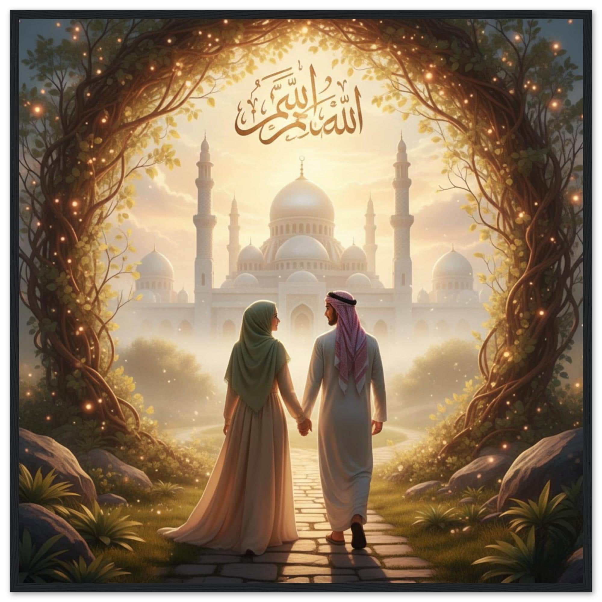 Islamic Couple Wall Art Framed Poster - Muslim Wedding, Arabic Calligraphy Artwork, Mosque Landscape Print, Romantic Islam Decor, Nikah Gift