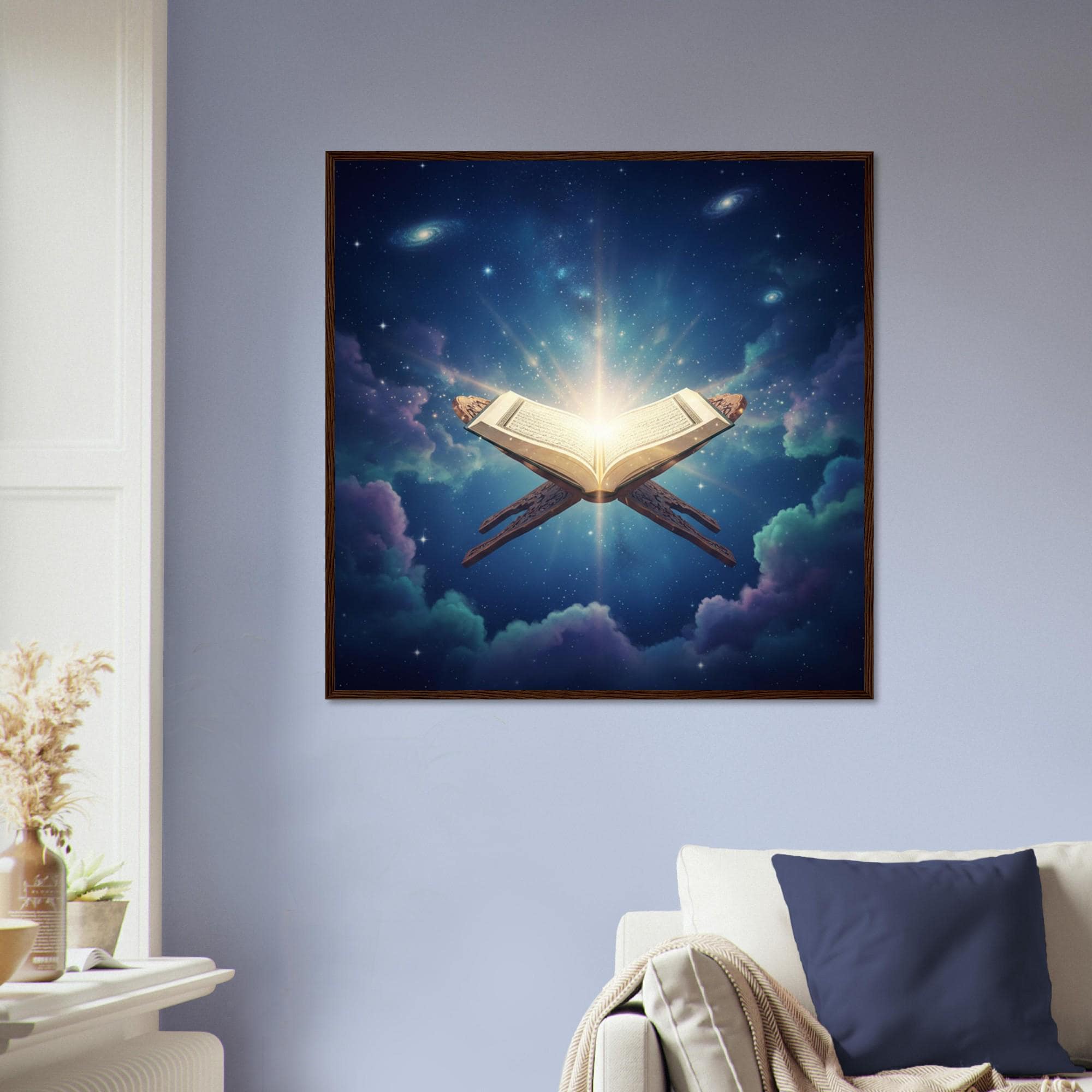 Glowing Quran Wall Art Framed - Islamic Night Sky Poster, Holy Book Light Artwork, Muslim Home Decor, Spiritual Gift Ramadan Eid Decoration