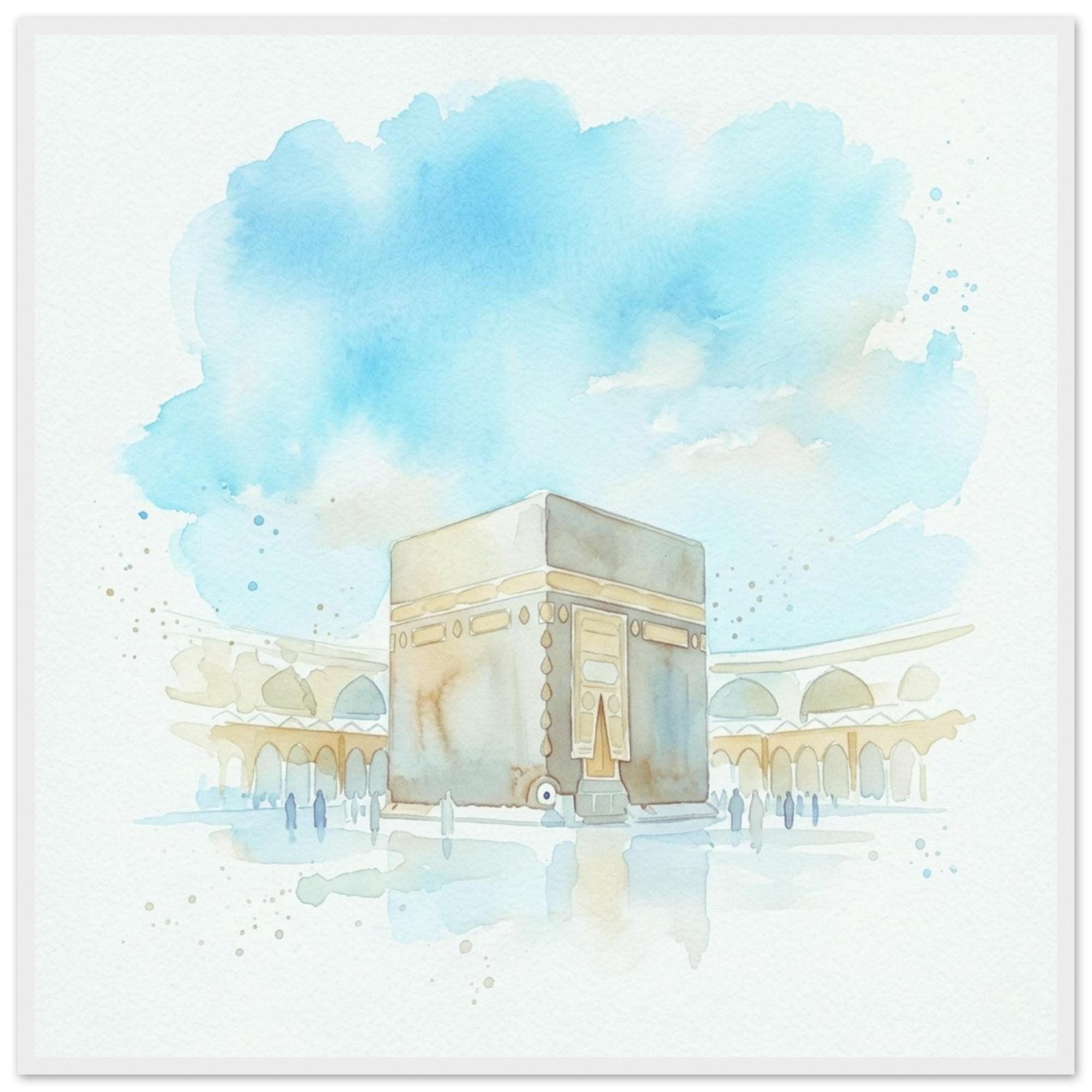 Kaaba Watercolor Print - Mecca Islamic Wall Art, Minimalist Mosque Decor, Soft Blue Decoration, Spiritual Home Poster, Hajj Umrah Gift