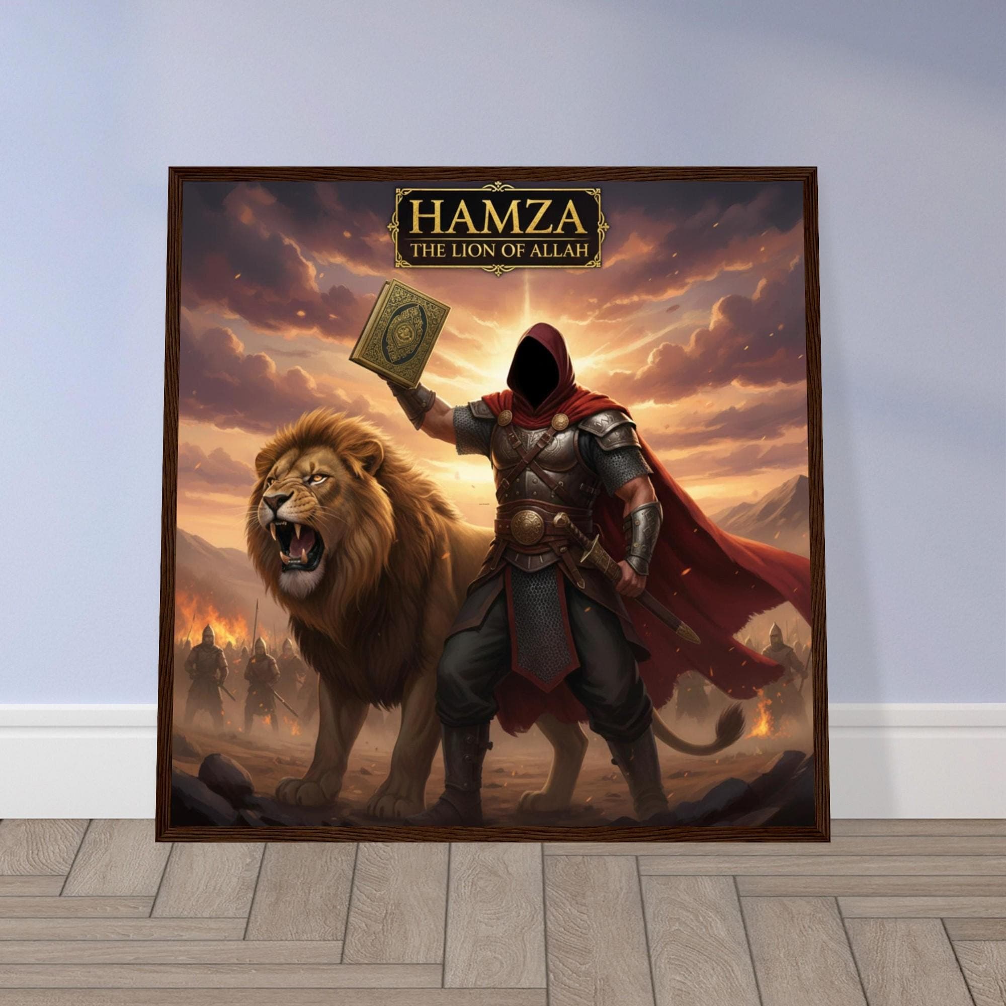 Islamic Warrior Lion Poster | Hamza Lion of Allah Quran Art | Fiery Decor Wall Paper