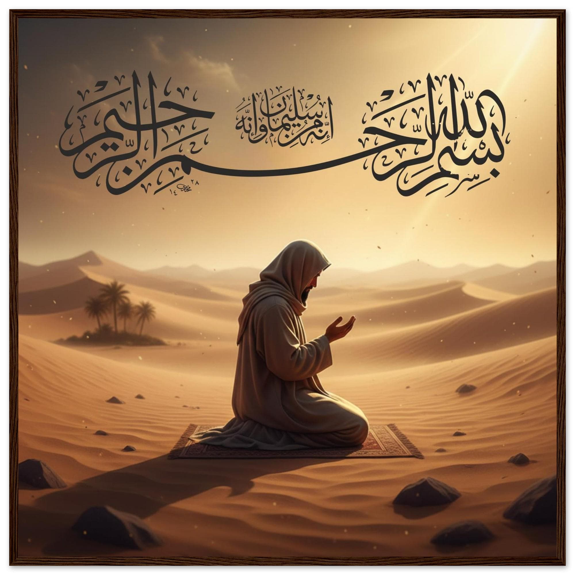 Islamic Prayer Art Framed Poster | Muslim Man Dua Arabic Calligraphy, Desert Spiritual Wall Decor