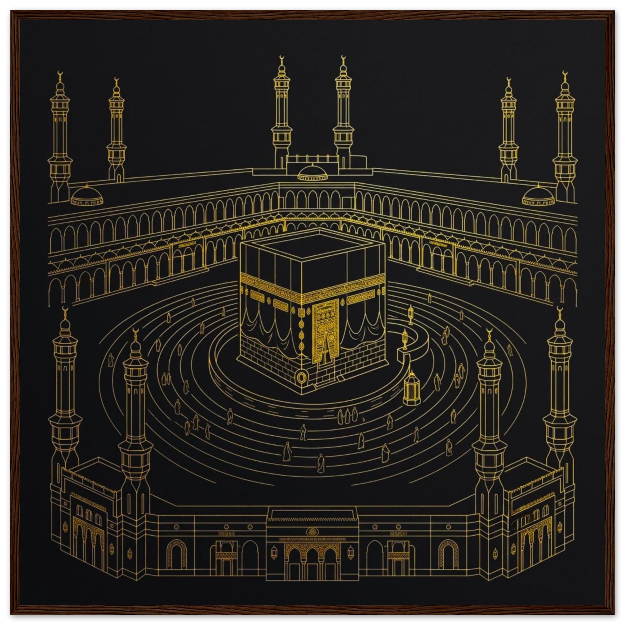 Kaaba Line Art Framed Poster - Minimalist Islamic Wall Art, Gold Mecca Illustration, Muslim Home Decor, Modern Hajj Decoration, Umrah Gift