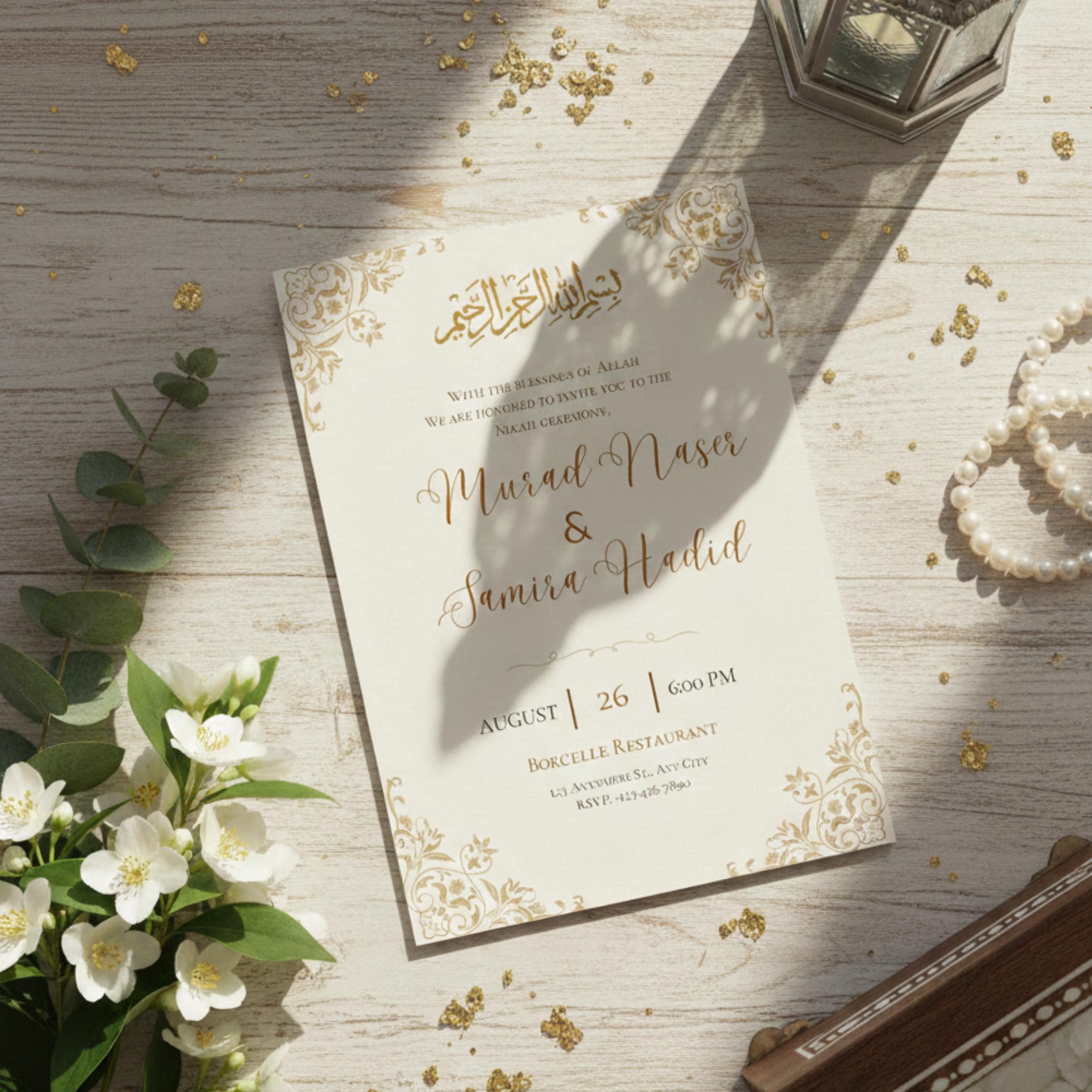Editable Islamic Nikah Invitation Template, Minimal Muslim Wedding Invite, Gold Nikah Card, Canva Printable - image 3