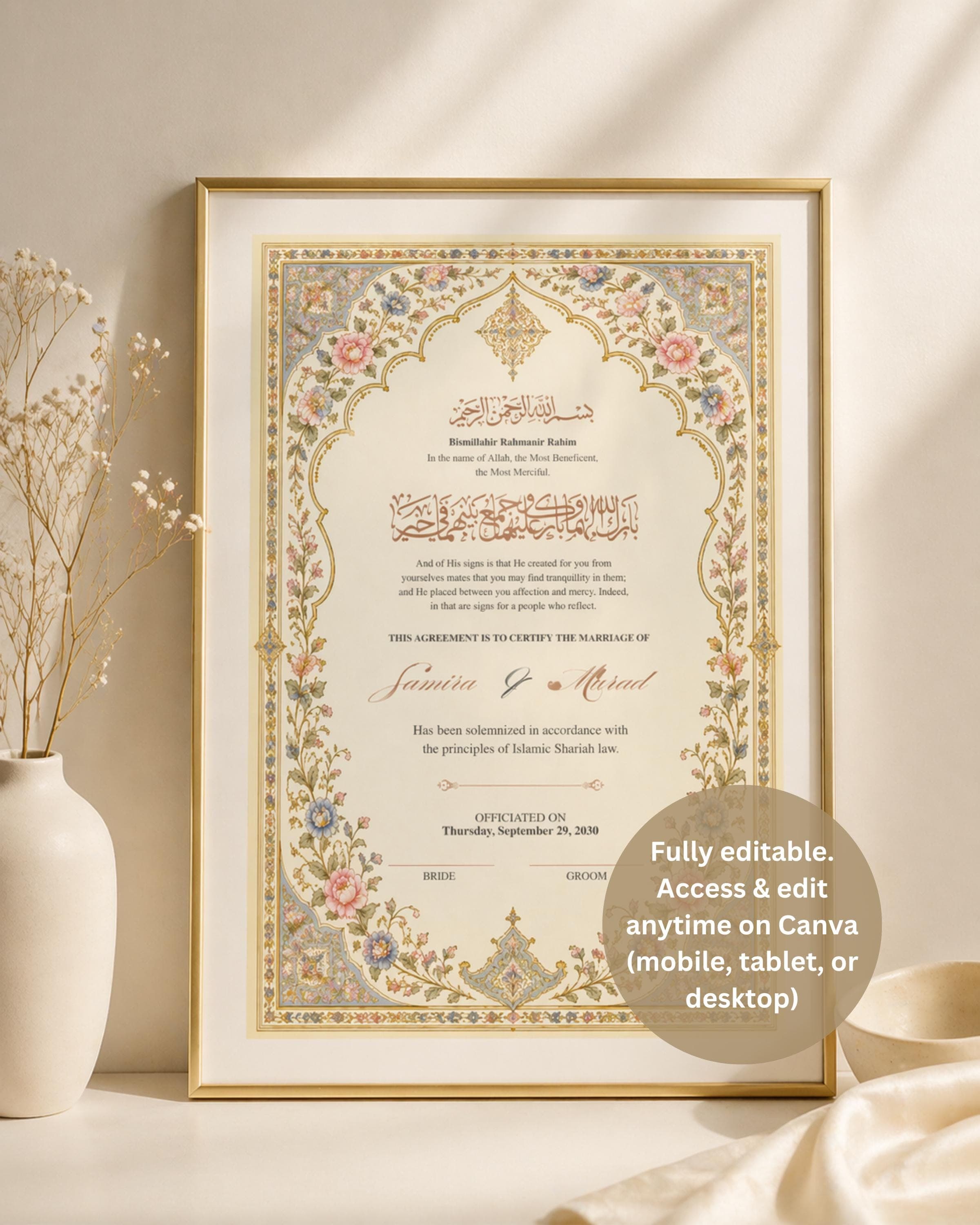 Floral Islamic Marriage Certificate Printable, Elegant Wedding Keepsake, Digital Download - image 4