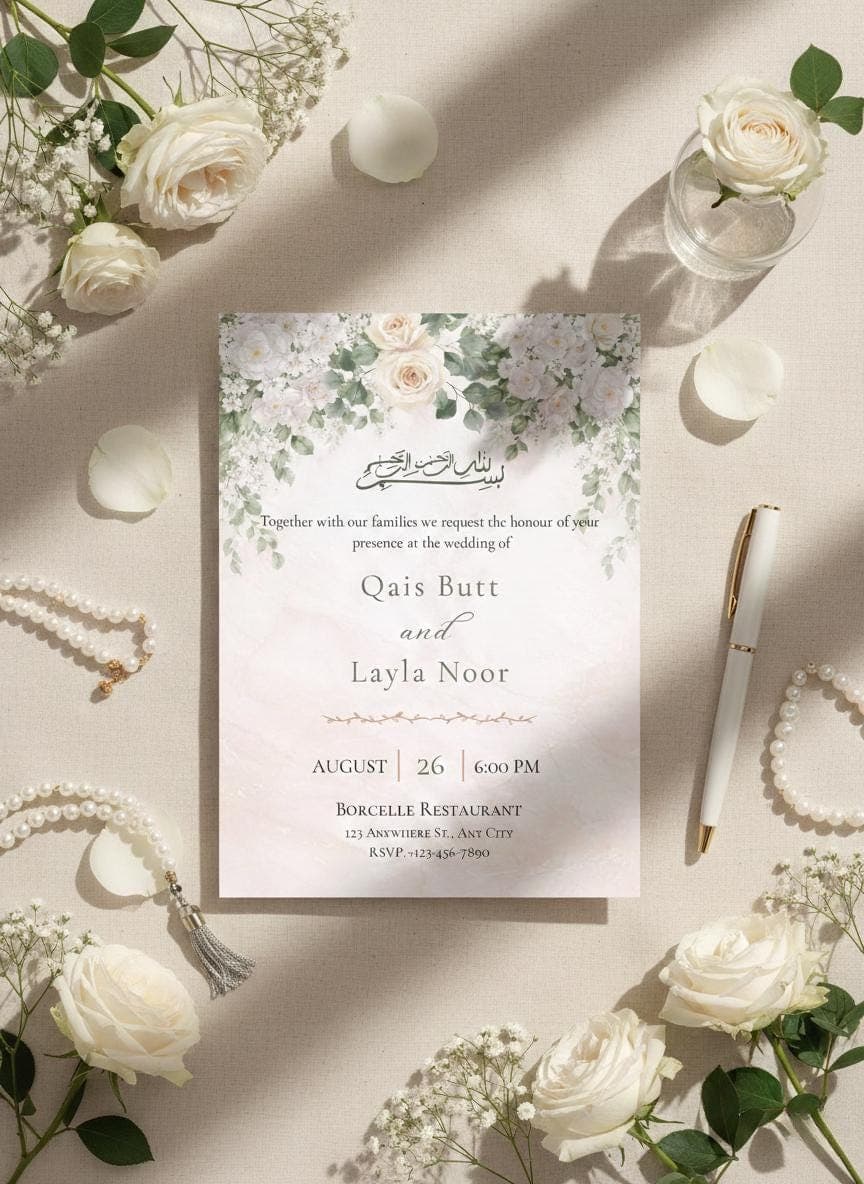 Elegant Islamic Wedding Invitation, Editable Wedding Template,  Floral Canva Invite