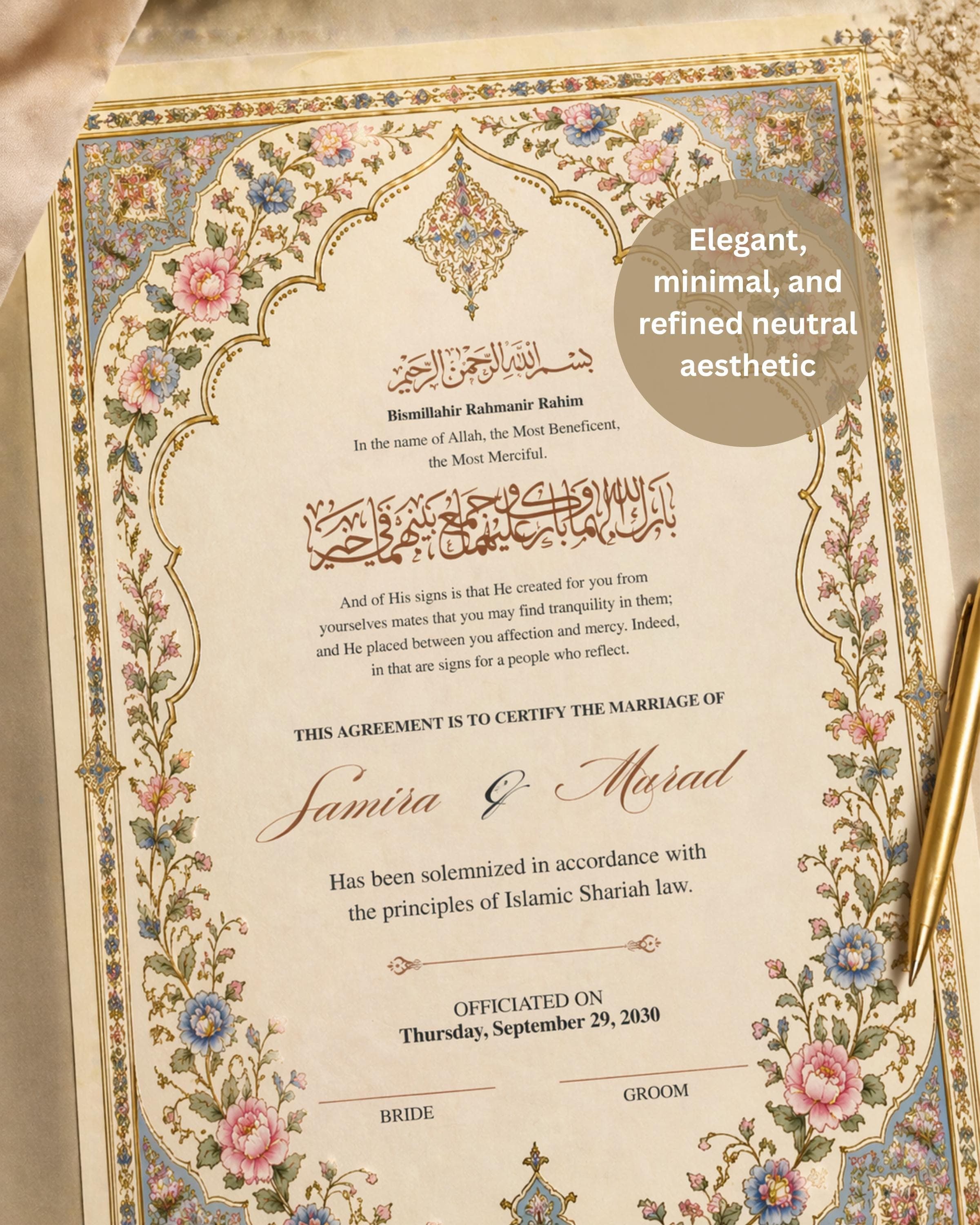 Floral Islamic Marriage Certificate Printable, Elegant Wedding Keepsake, Digital Download - image 5