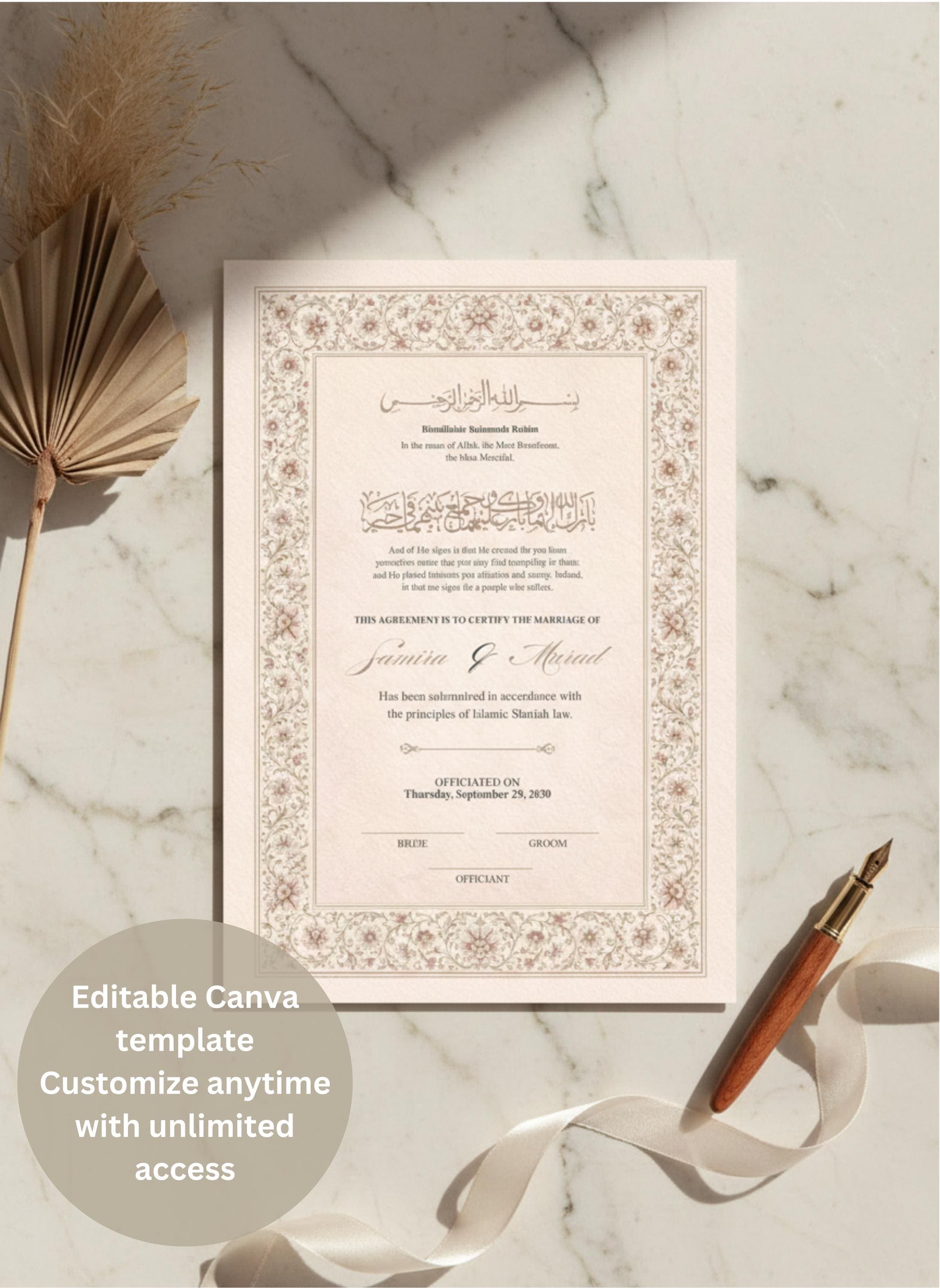 Editable Marriage Certificate, Printable Nikah Certificate, Custom Wedding Gift for Couples, Free Canva Template - image 3