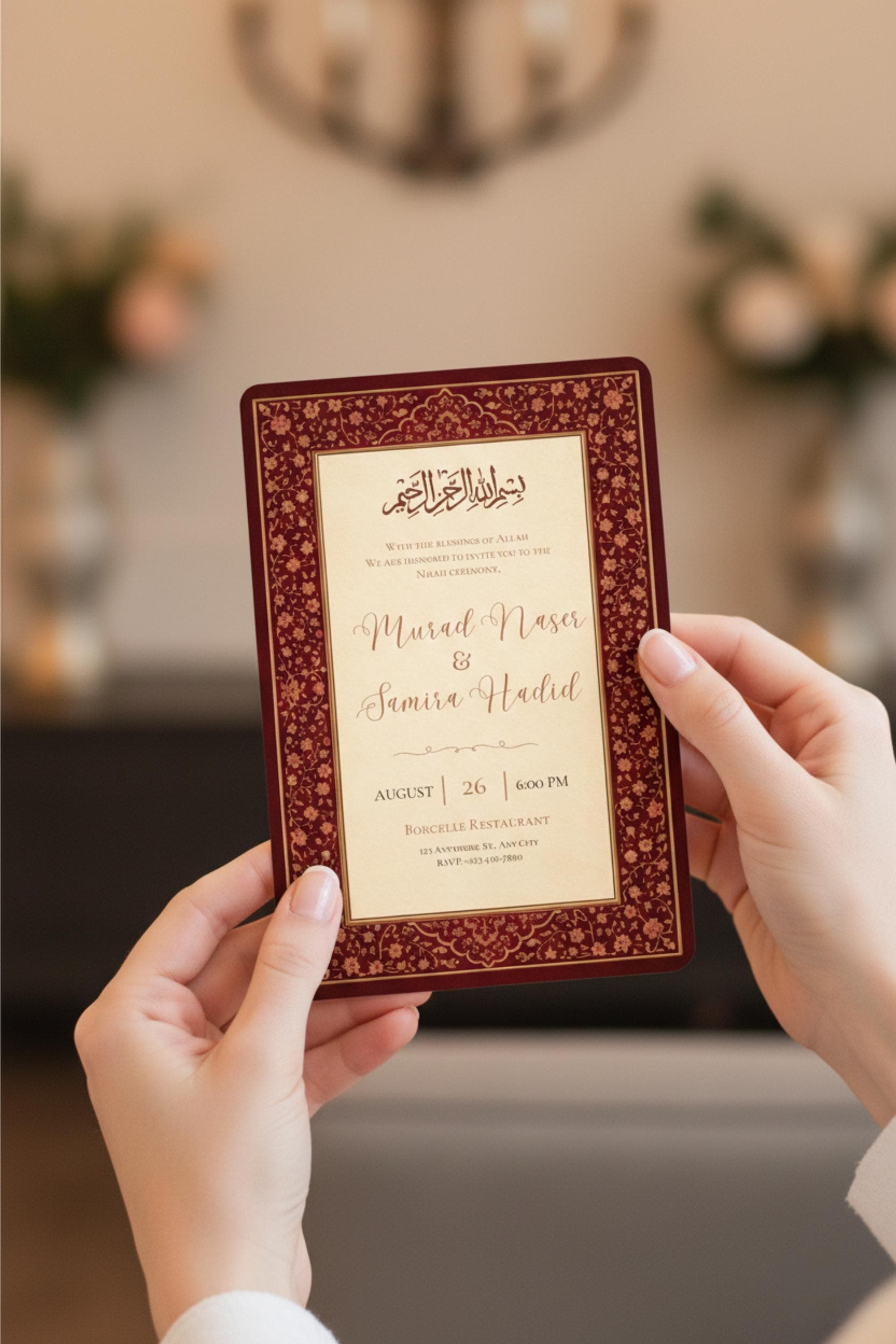 Red Islamic Nikah Invite, Elegant Muslim Wedding Invitation Template, Digital Download - image 4