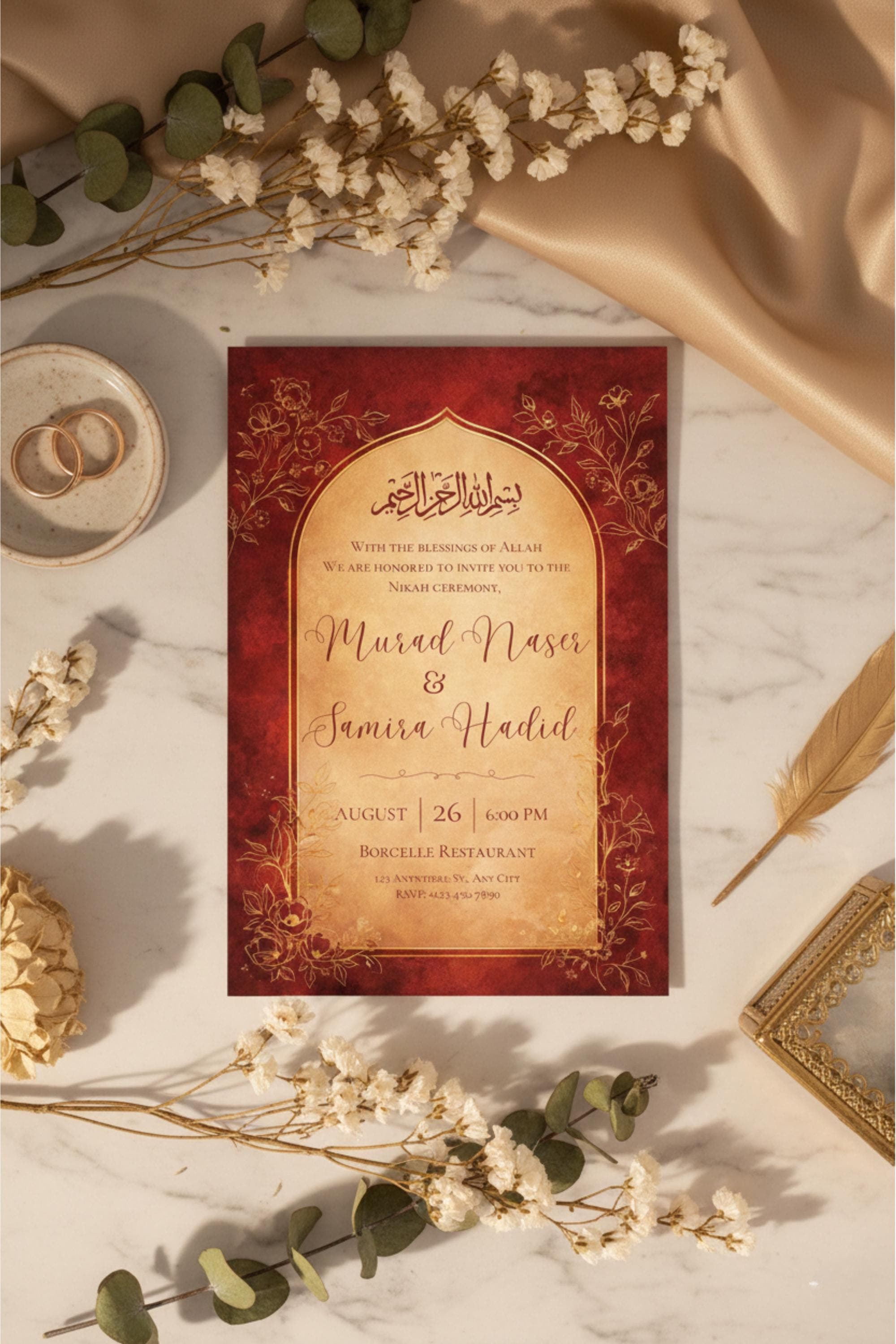 Red & Gold Nikah Invitation Template, Islamic Wedding (Digital Download)