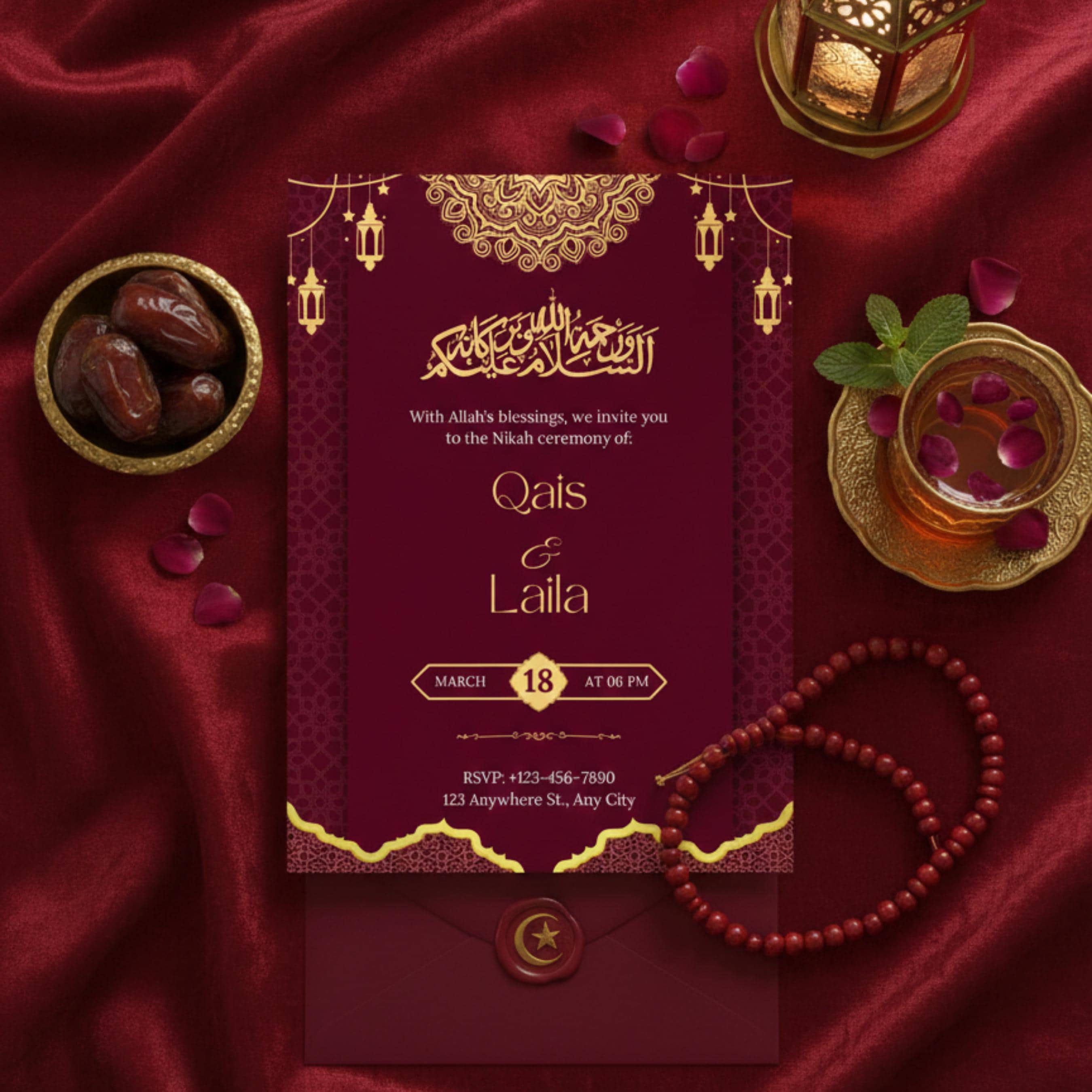 Red Gold Nikah Invitation Template, Islamic Wedding Card (Digital Invite Canva Edit) - image 3