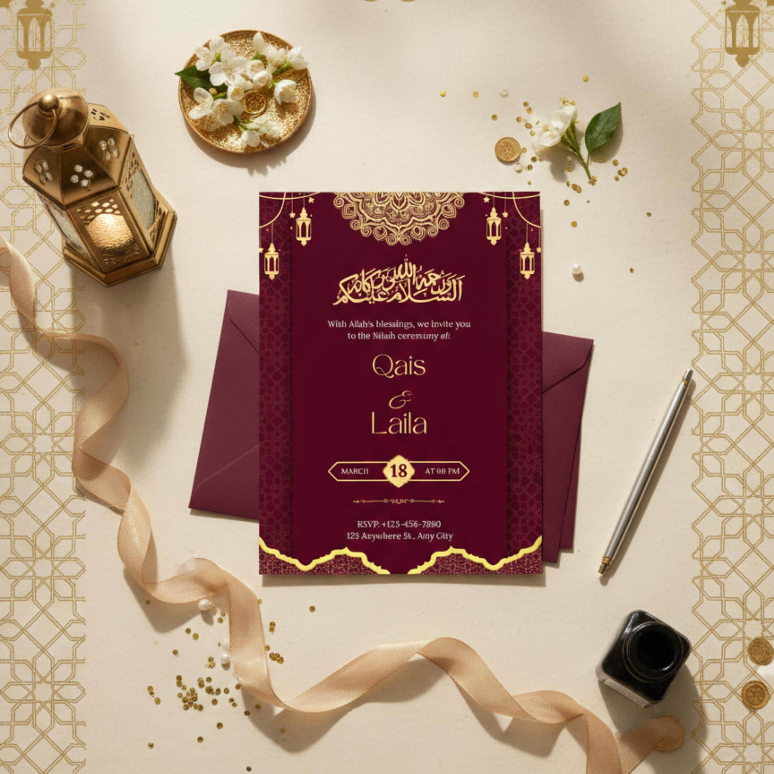 Red Gold Nikah Invitation Template, Islamic Wedding Card (Digital Invite Canva Edit)