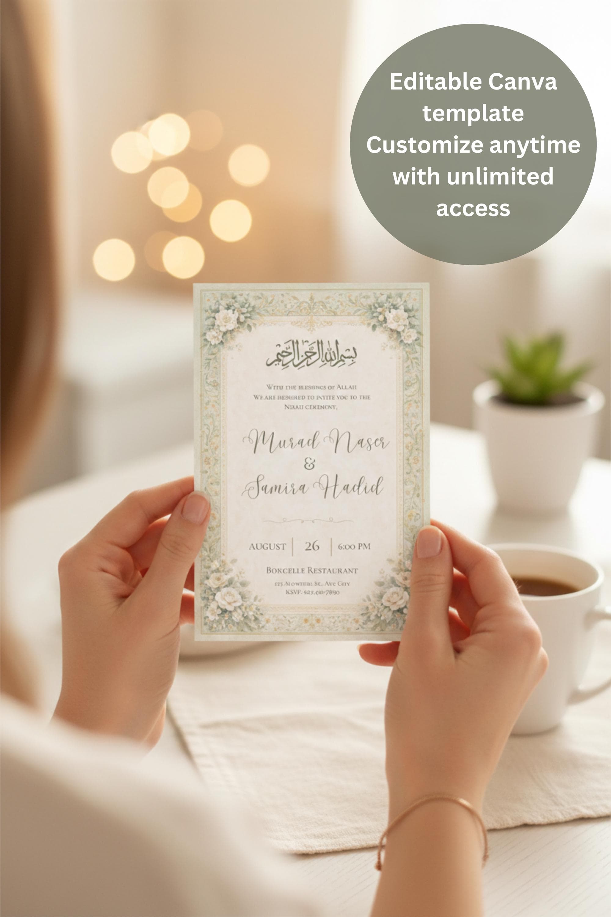 Green Floral Islamic Nikah Invitation, Muslim Wedding Template, Digital Download - image 3