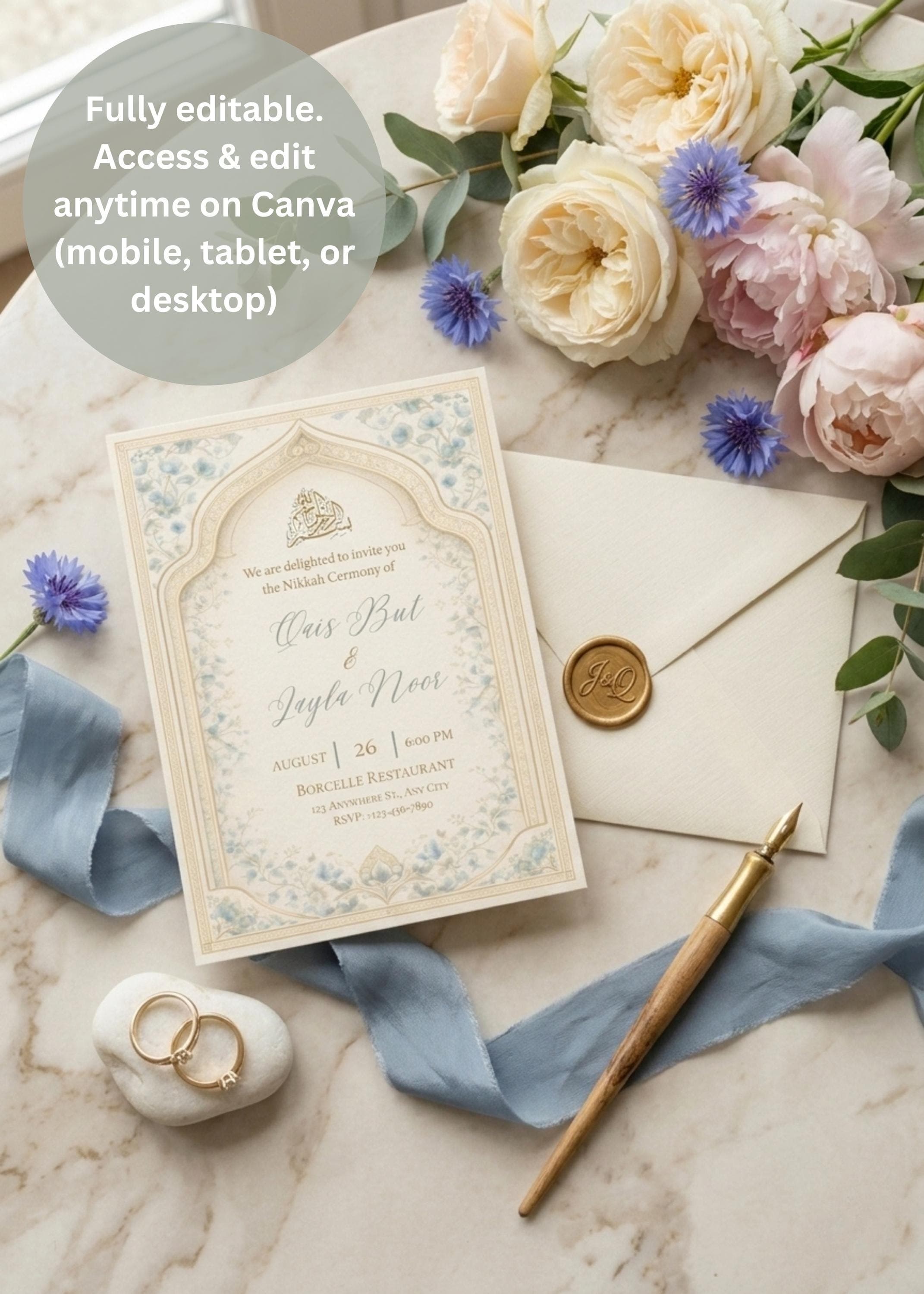Dusty Blue Floral Nikah Invitation, Muslim Wedding (Digital Download) - image 3