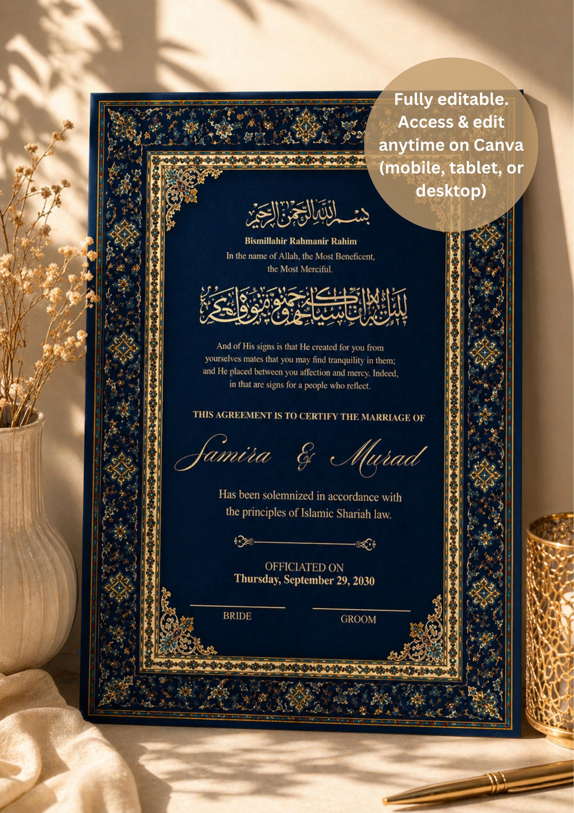 Blue and Gold Nikah Certificate, Editable Marriage Certificate, Digital Download
