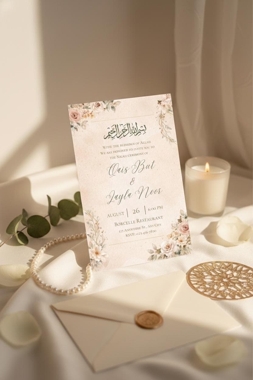 Beige Floral Nikah Invitation Template, Islamic Wedding Invitation, Digital Download
