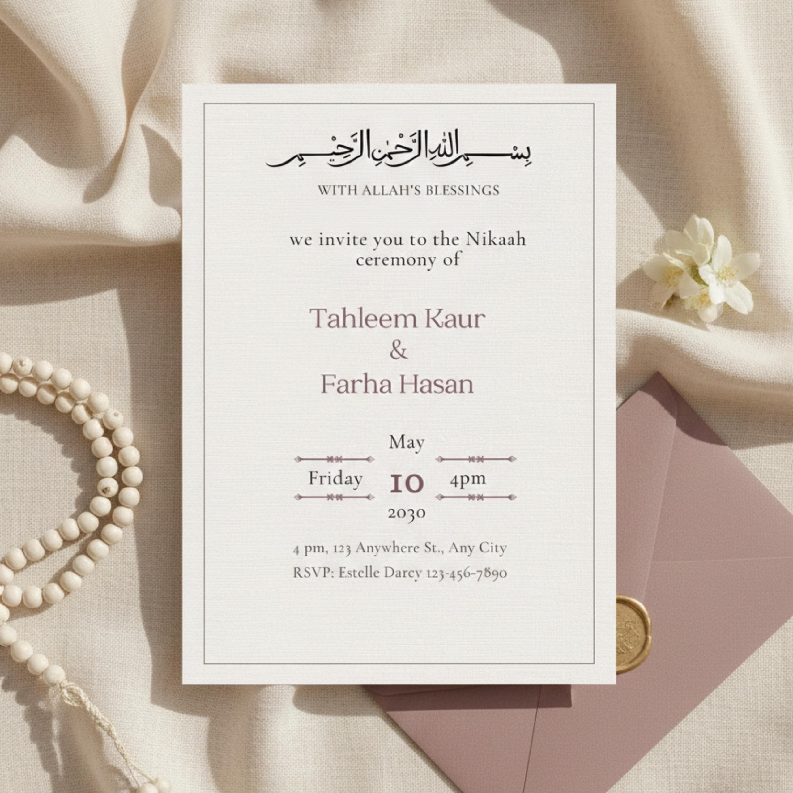 Minimal Islamic Wedding Invitation, Editable Nikah Template (Canva Digital Download)