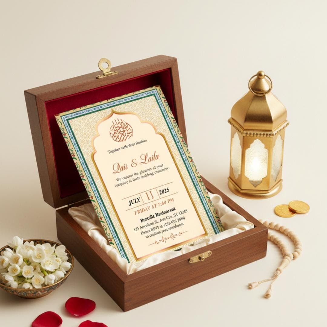 Traditional Islamic Nikah Invitation Template, Muslim Wedding Invite, Gold Nikah Card, Editable Canva Printable - image 3