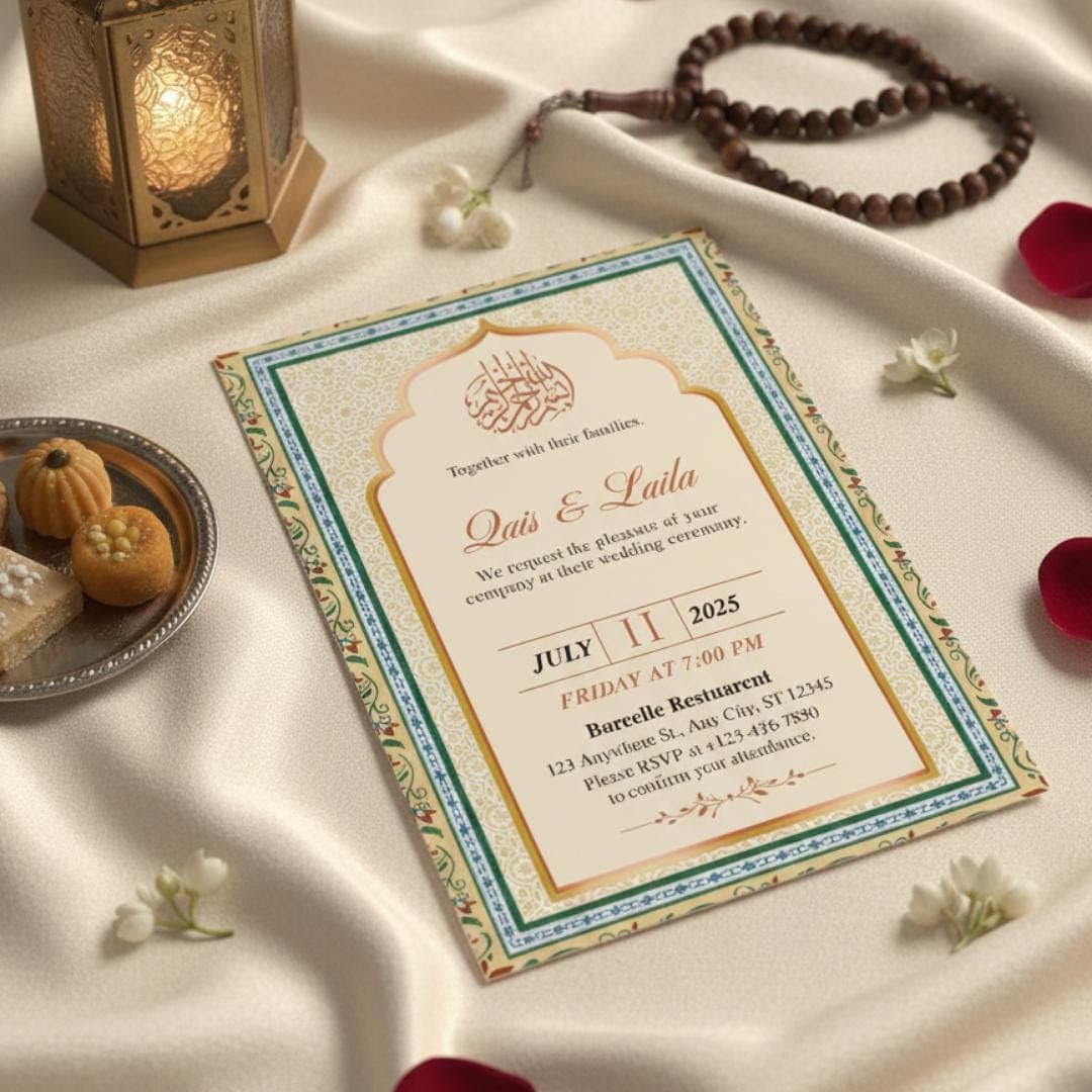 Traditional Islamic Nikah Invitation Template, Muslim Wedding Invite, Gold Nikah Card, Editable Canva Printable - image 4