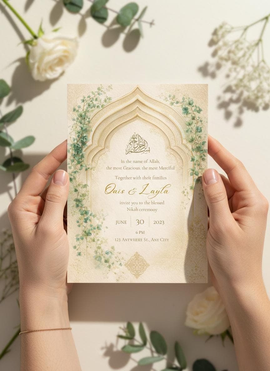 Islamic Nikah Invitation Template, Green Gold Muslim Wedding Invite, Editable Nikah Card, Digital Download - image 4