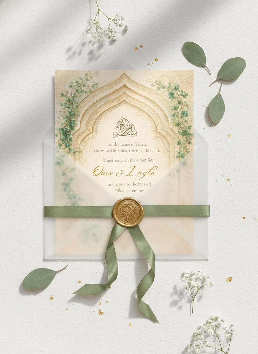 Islamic Nikah Invitation Template, Green Gold Muslim Wedding Invite, Editable Nikah Card, Digital Download - image 3