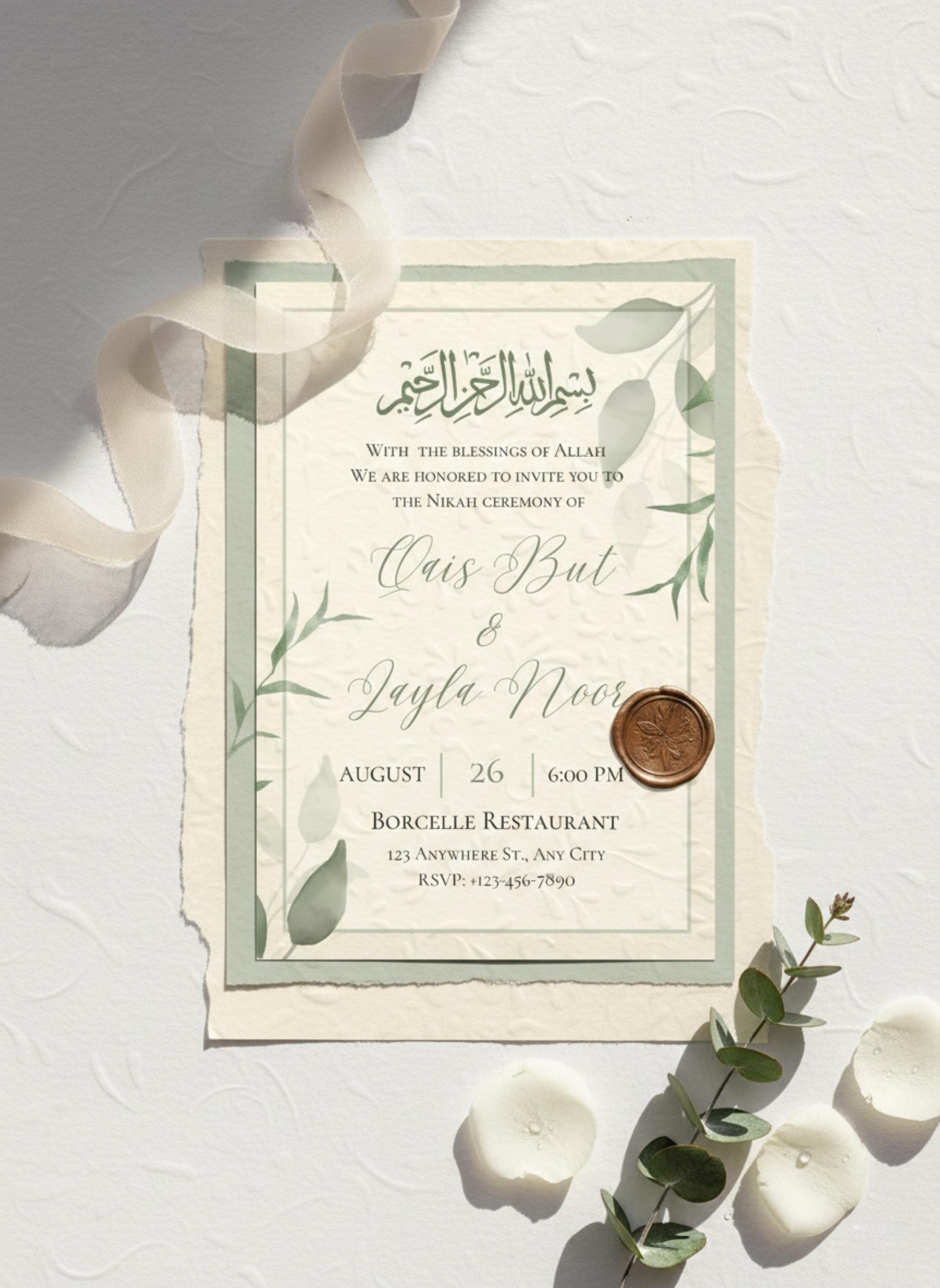 Greenery Nikah Invitation Template, Islamic Wedding, Botanical Accents (Digital Download)