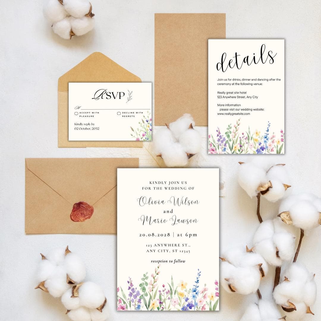 Wildflower Wedding Invitation Suite, Watercolor Floral, Editable Canva Template (Digital Download)