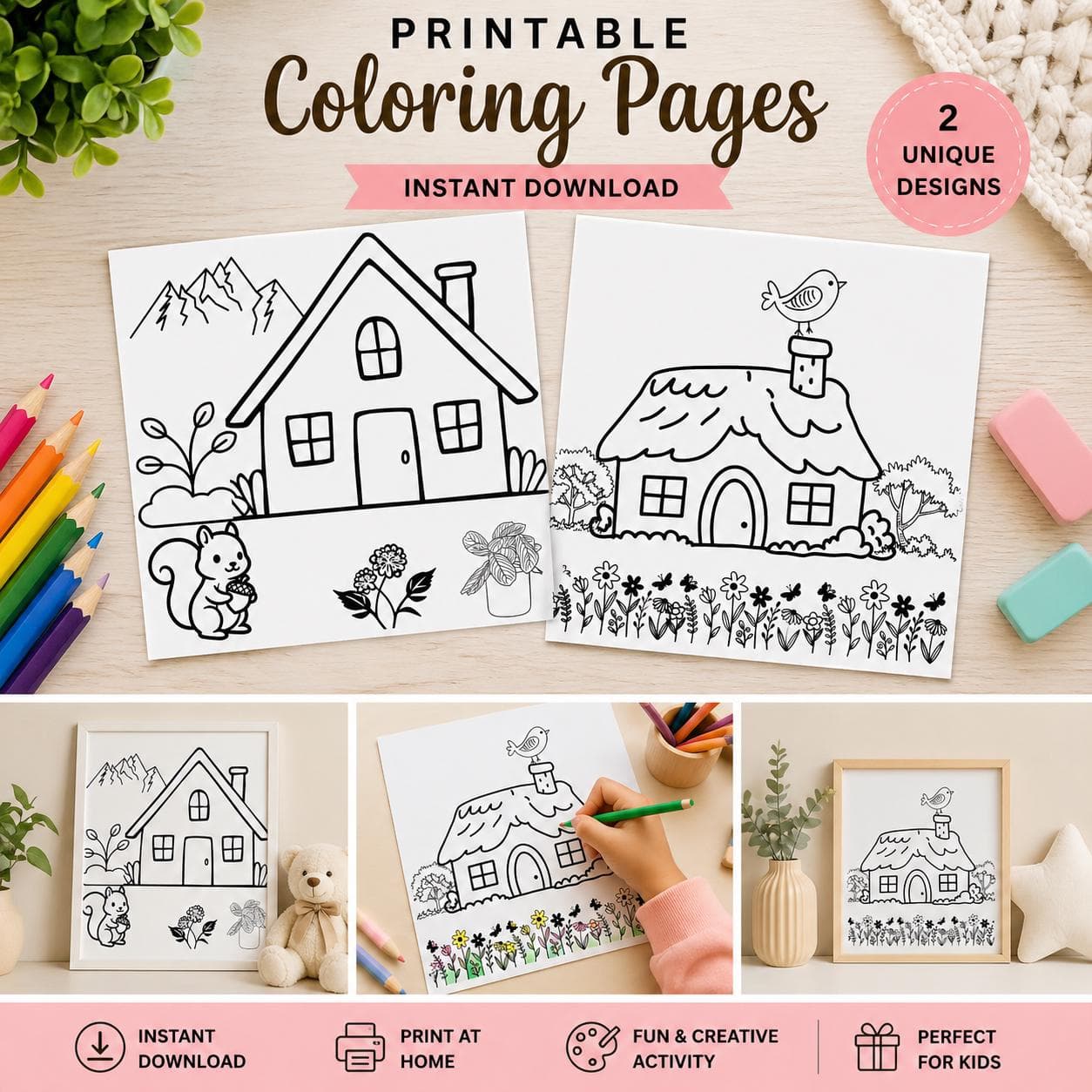 House and Squirrel Coloring Page: Kids Nature Scene (Digital Download) - image 3