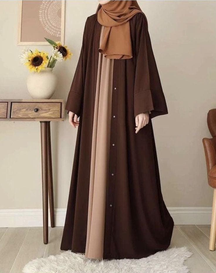 Brown & Beige Button Front Abaya Dress | Elegant Islamic Clothing - image 4