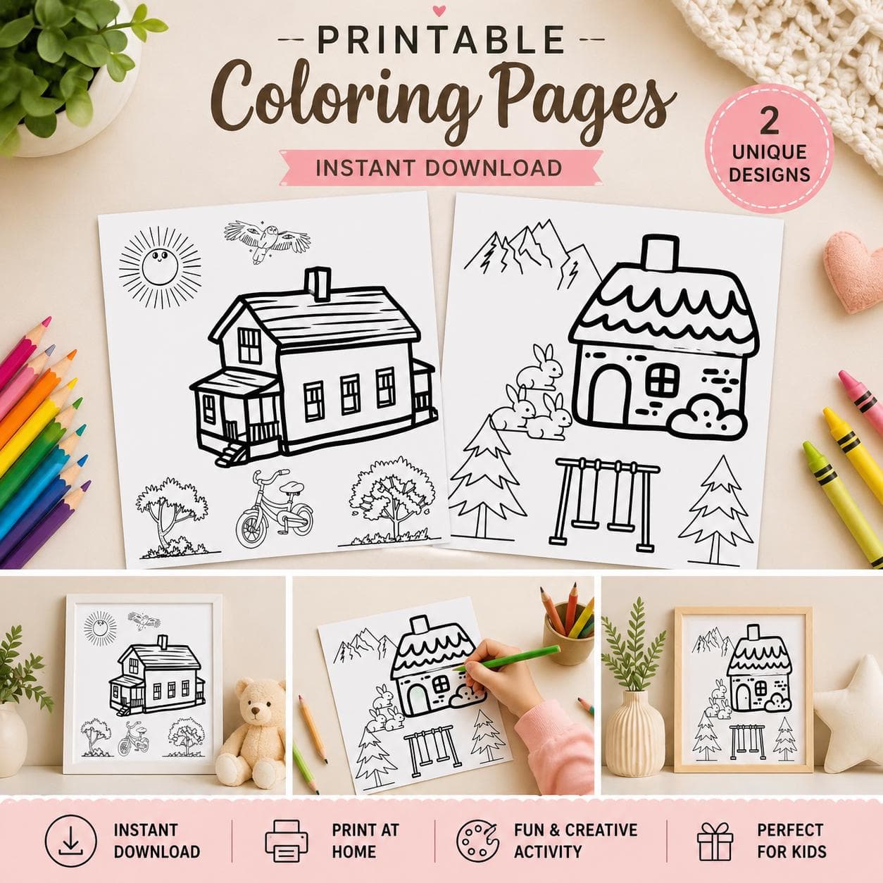 House and Squirrel Coloring Page: Kids Nature Scene (Digital Download)