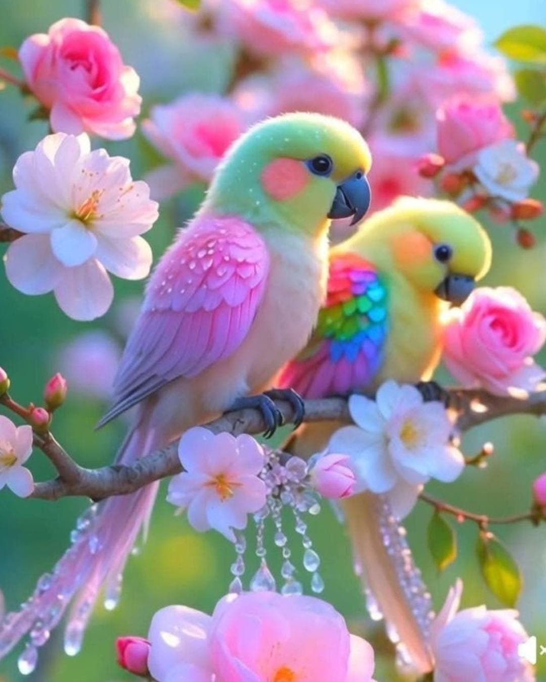 Pastel Parrots Art Print, Cherry Blossoms Floral Illustration, Nursery Decor - image 5