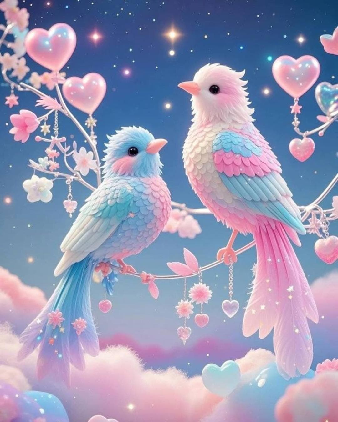 Pastel Parrots Art Print, Cherry Blossoms Floral Illustration, Nursery Decor - image 3