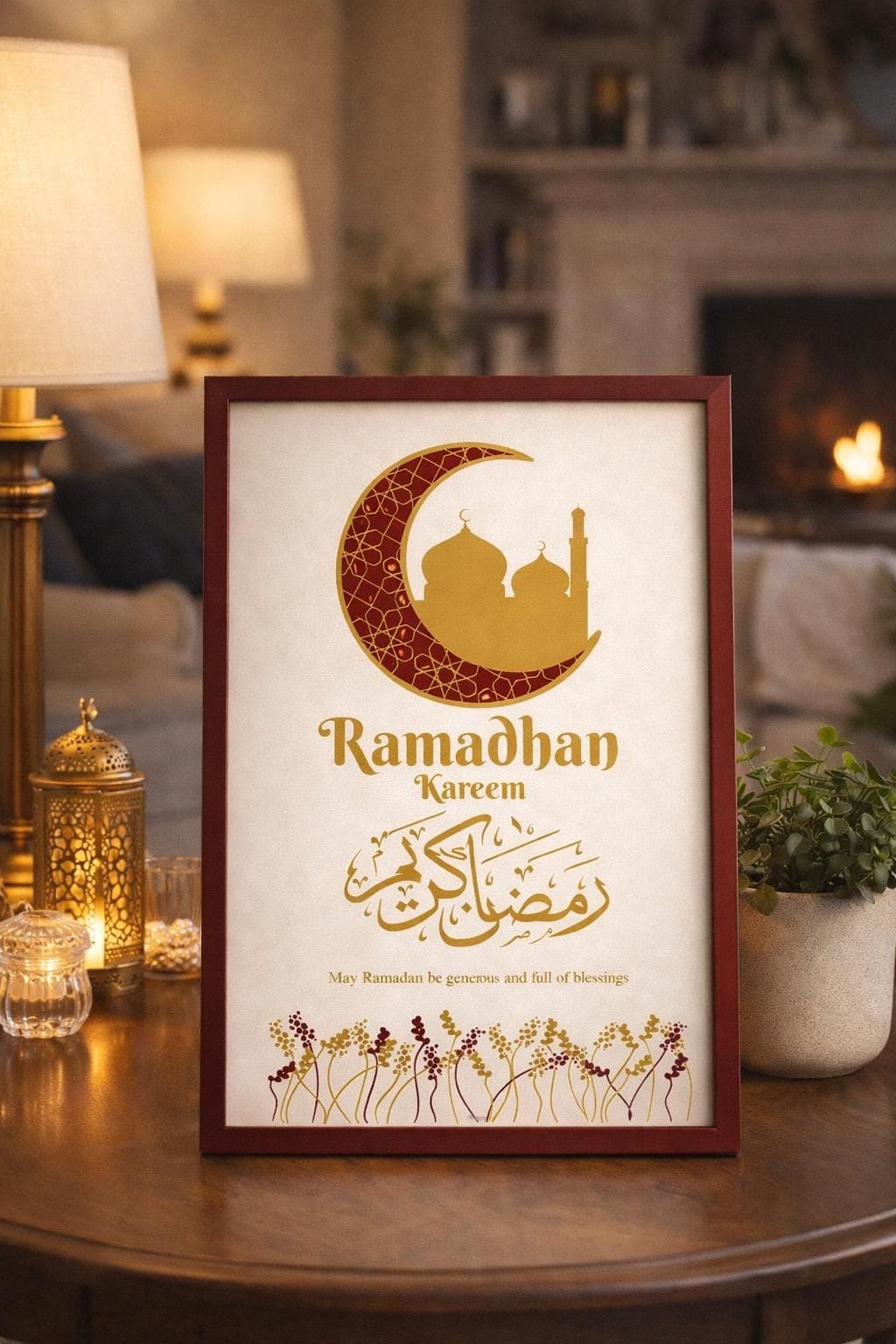Ramadan Kareem Wall Art Printable, Gold Burgundy Islamic Decor, A4 Digital Download