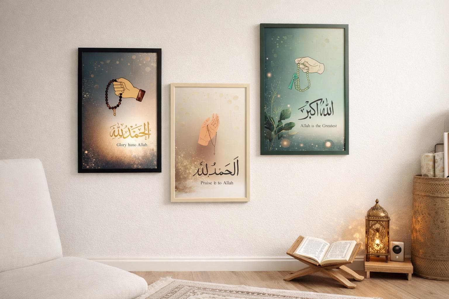 Set of 3 Islamic Wall Art Prints SubhanAllah Alhamdulillah Allahu Akbar A4 Printable