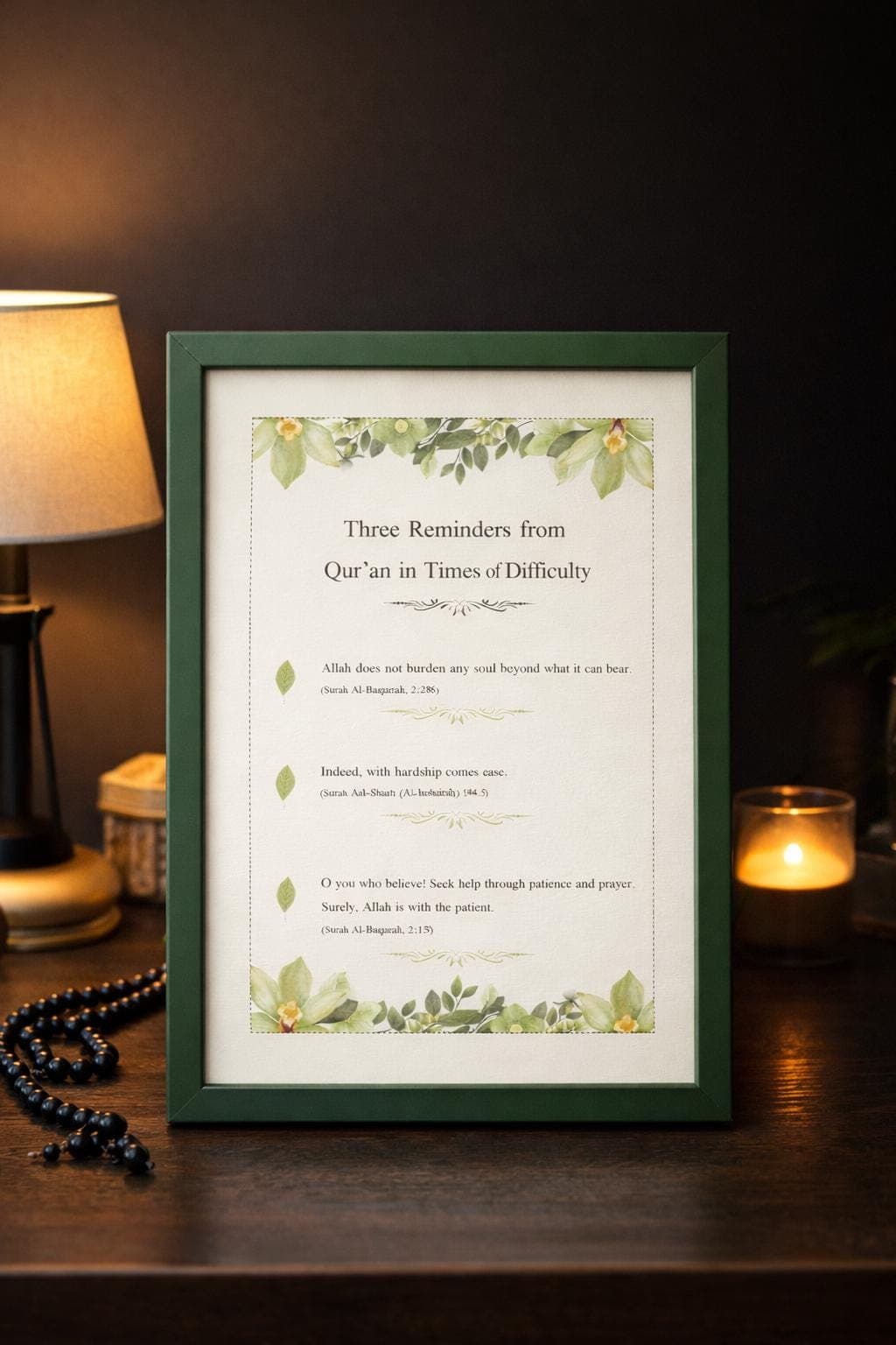 Three Reminders from the Qur’an | Islamic Wall Art Printable A4 | Patience & Hope Verses | Minimal Floral Muslim Decor
