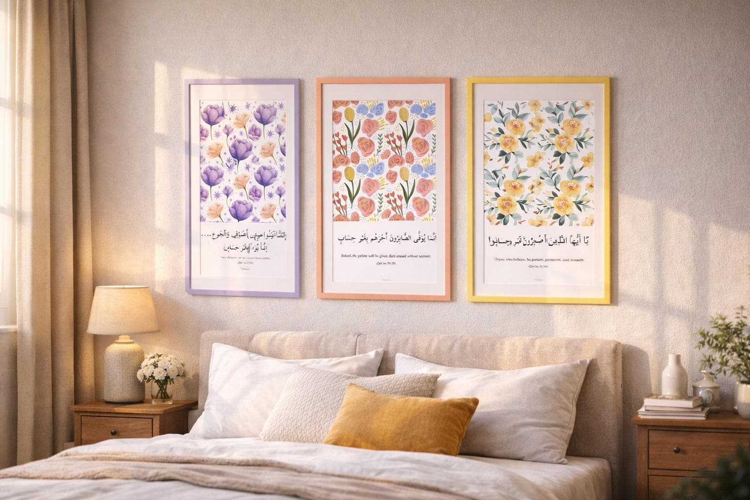 Islamic Wall Art Set of 3, Patience Quran Verses Printable, Quran 2.155-156, 3:200 - 39.10, Arabic Calligraphy, A4 Digital Download