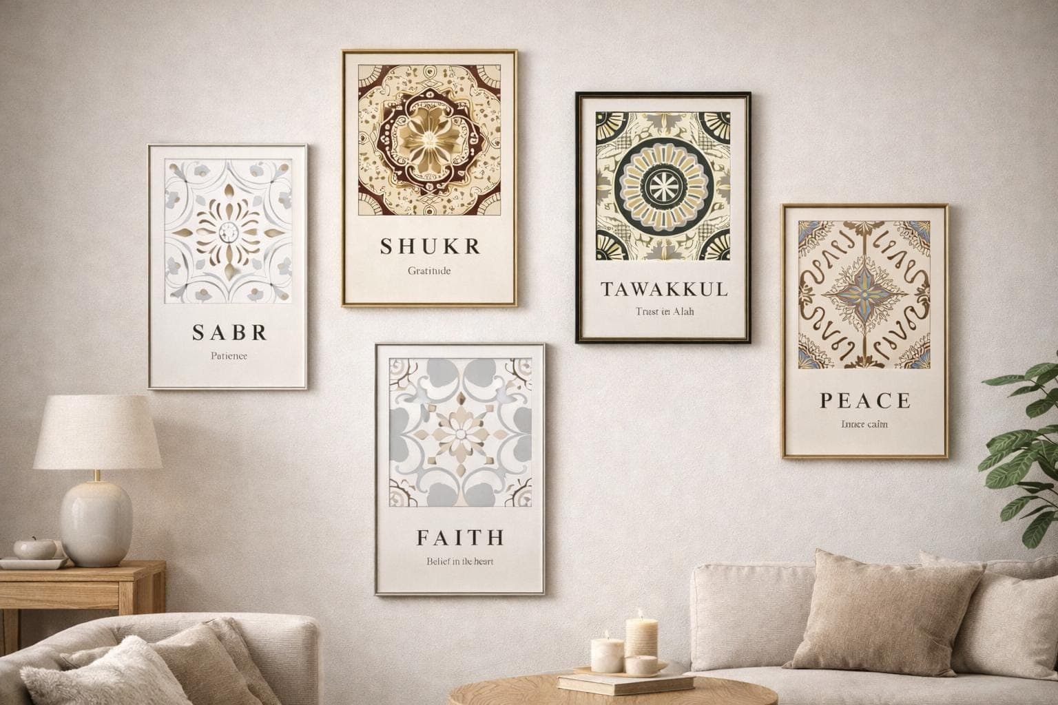 Islamic Wall Art Set of 5, Sabr Shukr Tawakkul Peace Faith Prints - image 3