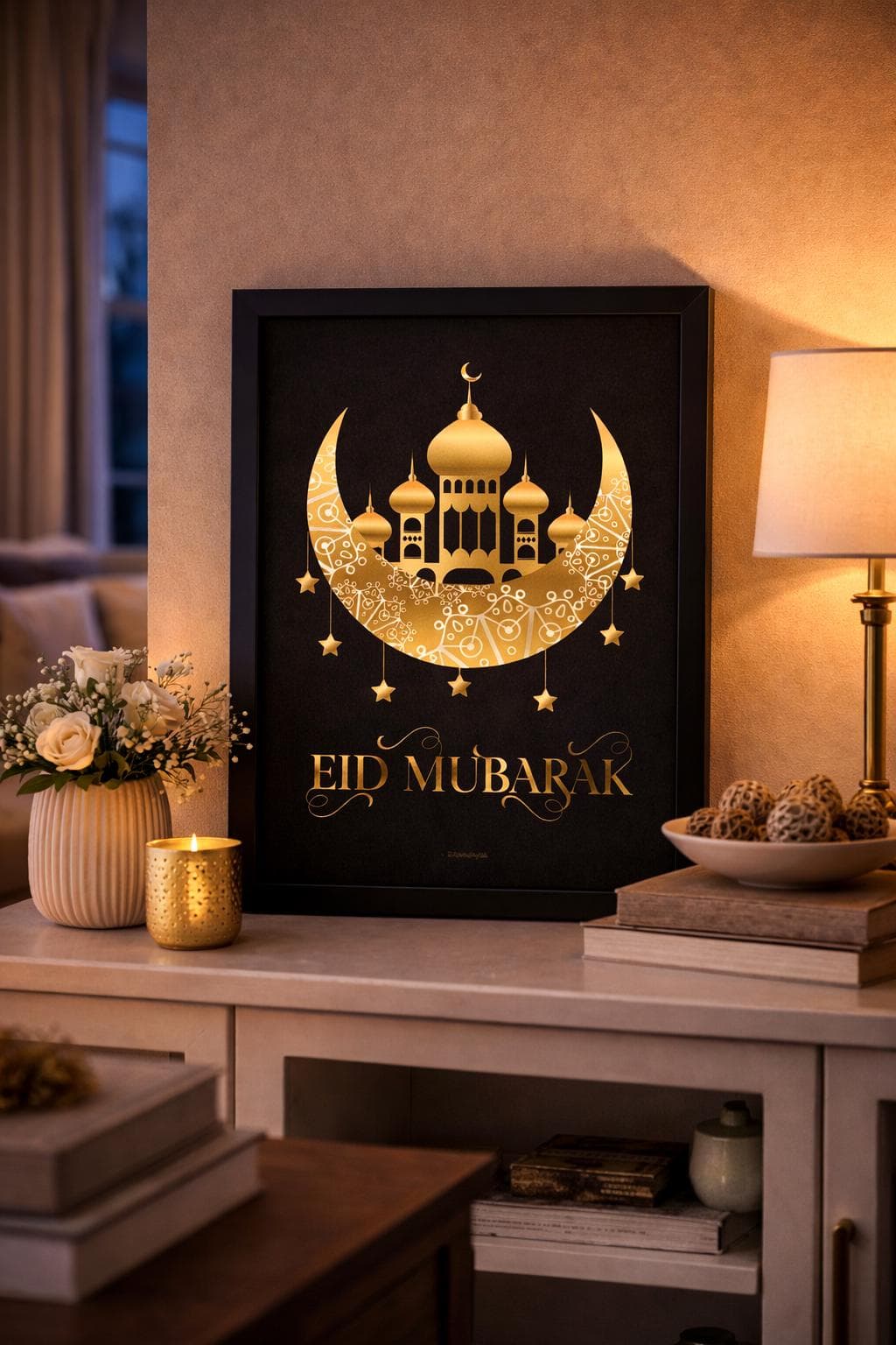 Eid Mubarak Printable Wall Art, Black Gold Islamic Decor, Mosque Crescent A4 Poster