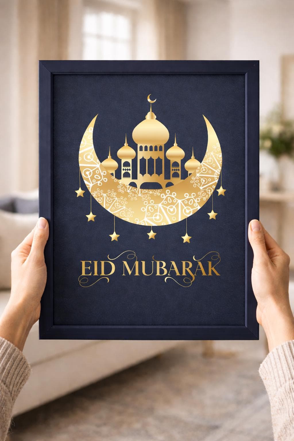 Eid Mubarak Printable Wall Art, Navy Blue Islamic Decor, Gold Mosque A4 Poster - image 4