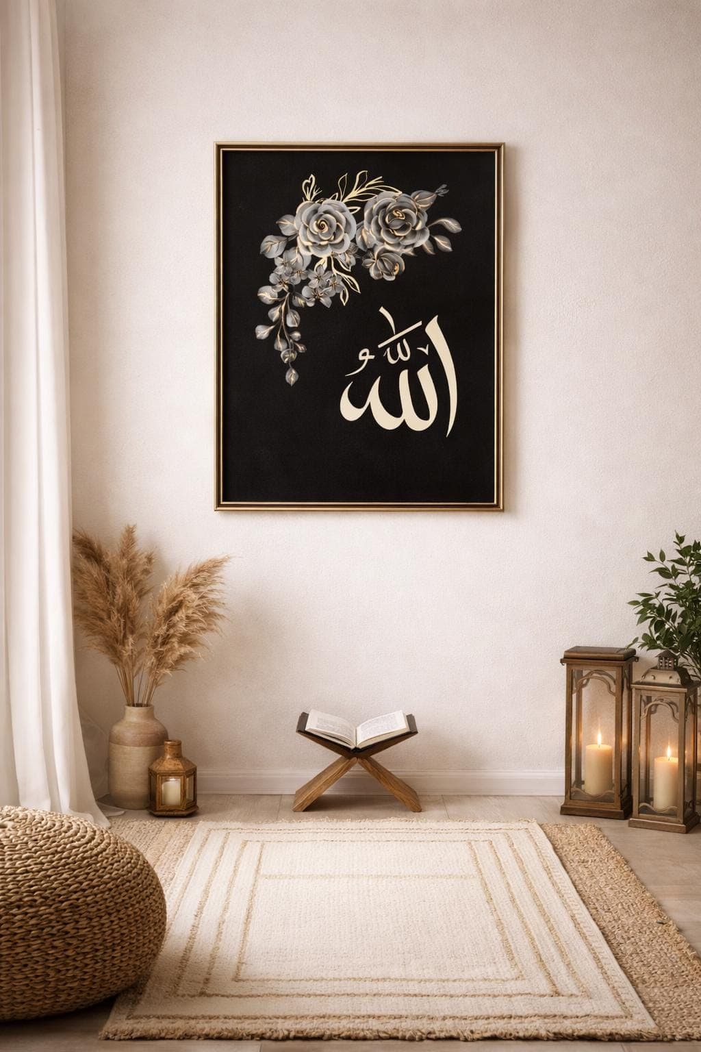 Allah Islamic Wall Art Printable, Black Gold Arabic Calligraphy, A4 PDF