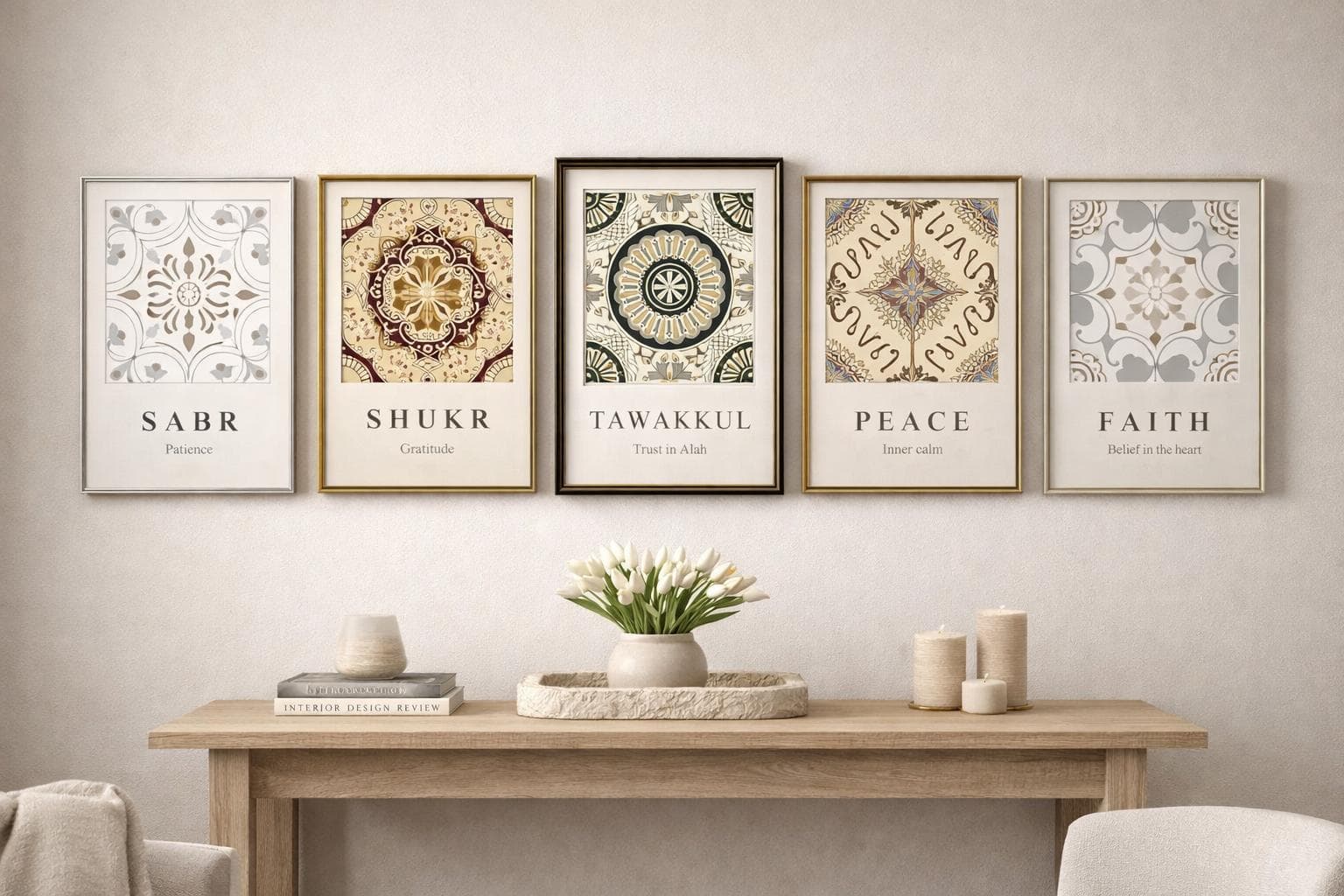 Islamic Wall Art Set of 5, Sabr Shukr Tawakkul Peace Faith Prints