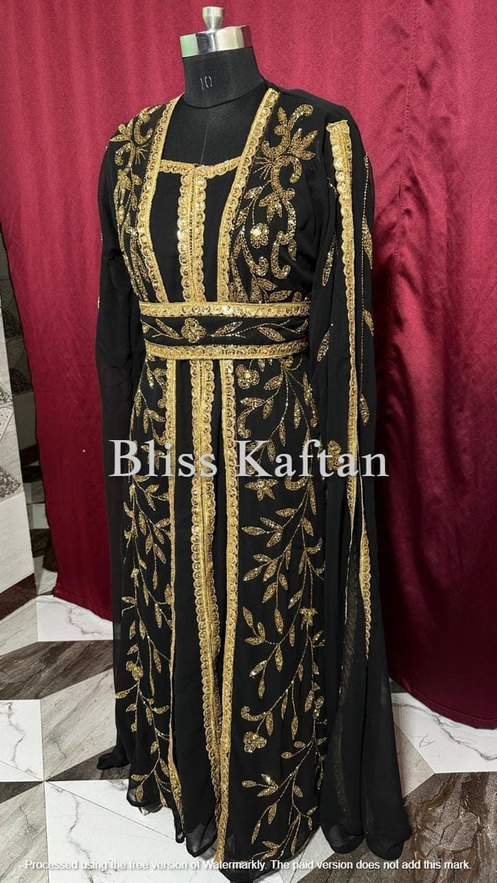 Elegant Black Moroccan Kaftan Abaya Dress With Gold Floral Embroidery - Modest Islamic Fashion
