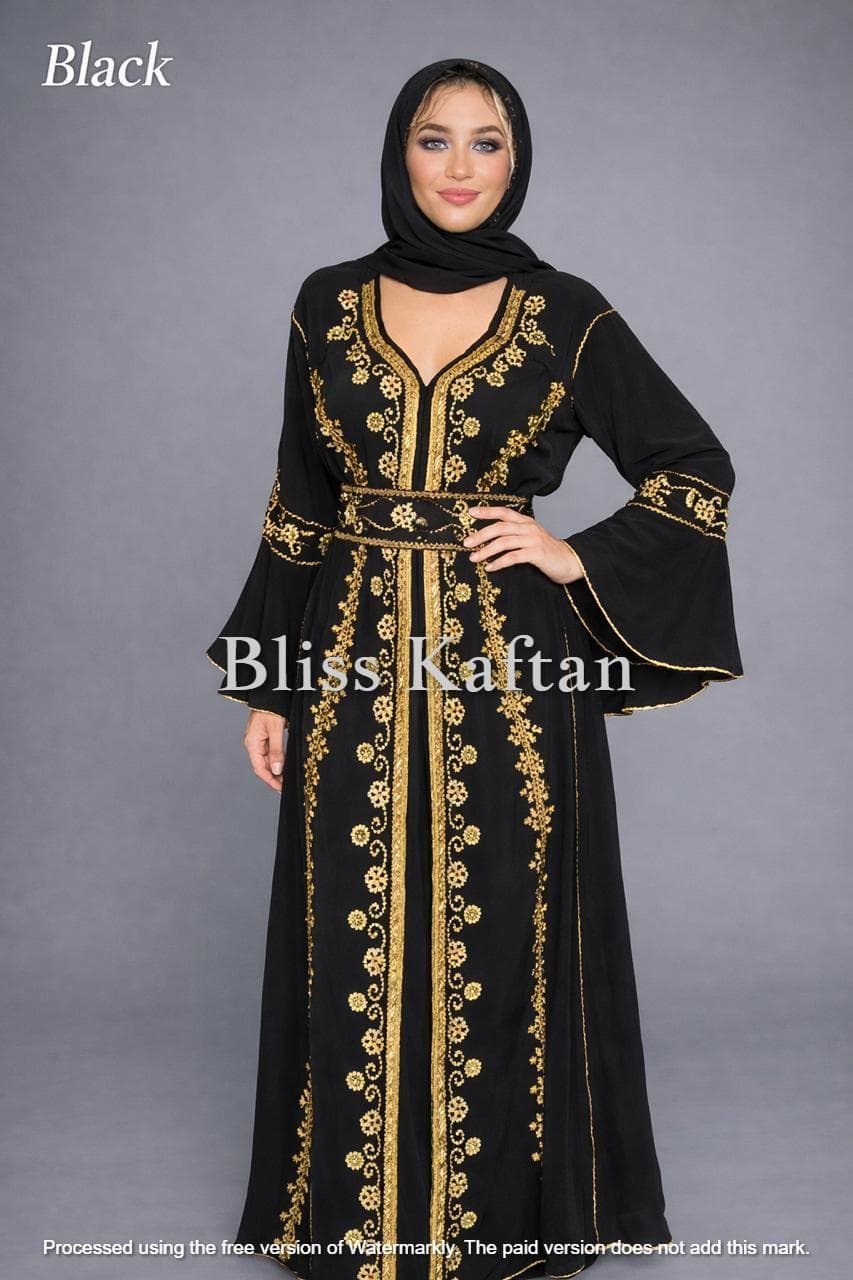 Luxury Black Kaftan Wedding Dress, Gold Embellished Abaya, Modest Bridal Gown