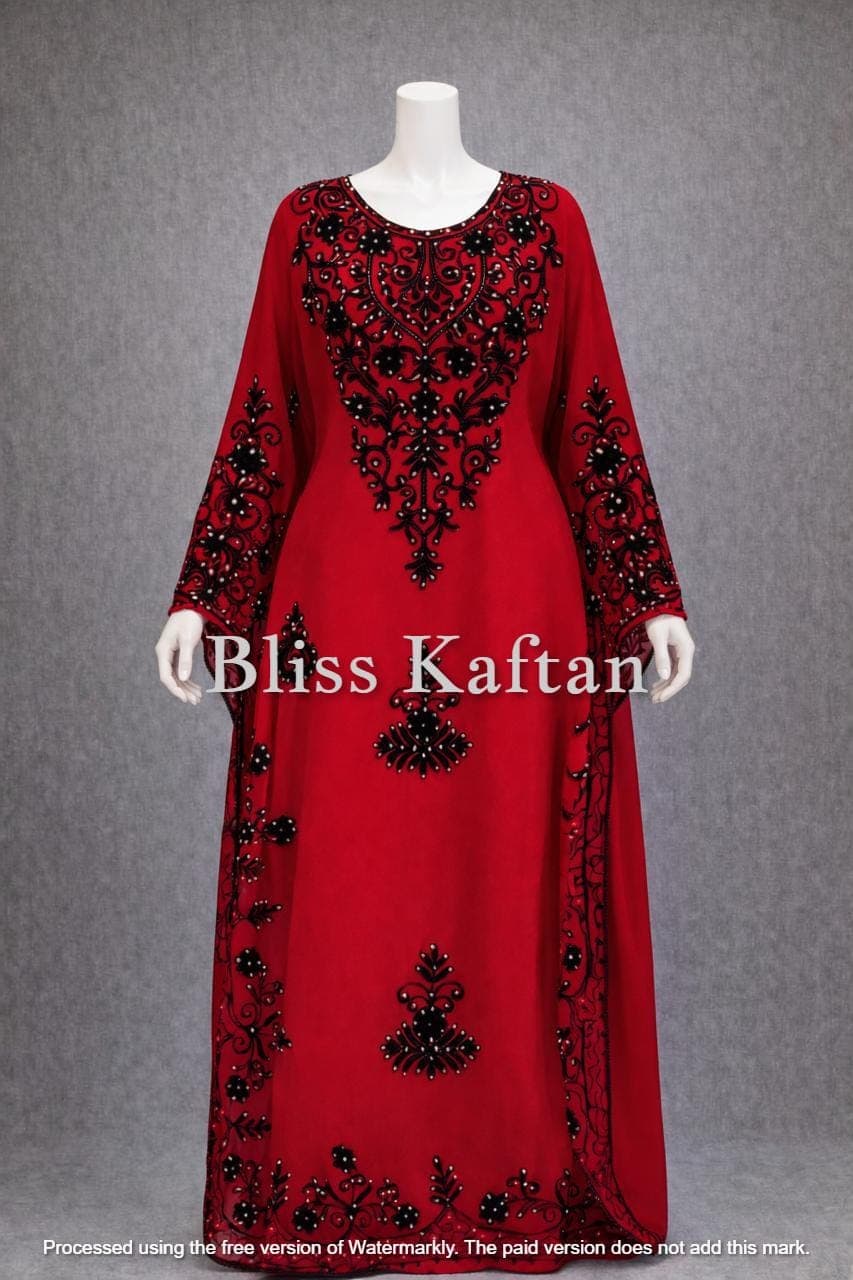 Red Beaded Moroccan Kaftan – Loose Fit Georgette Party Dress, Evening Wear - image 4