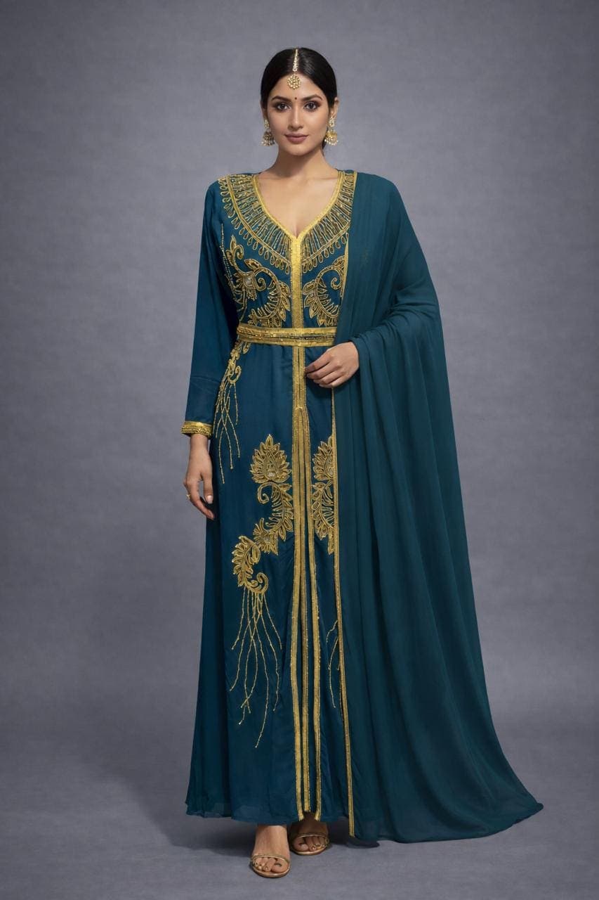 Embellished Georgette Kaftan Dress | Islamic Abaya with Worked Hijab