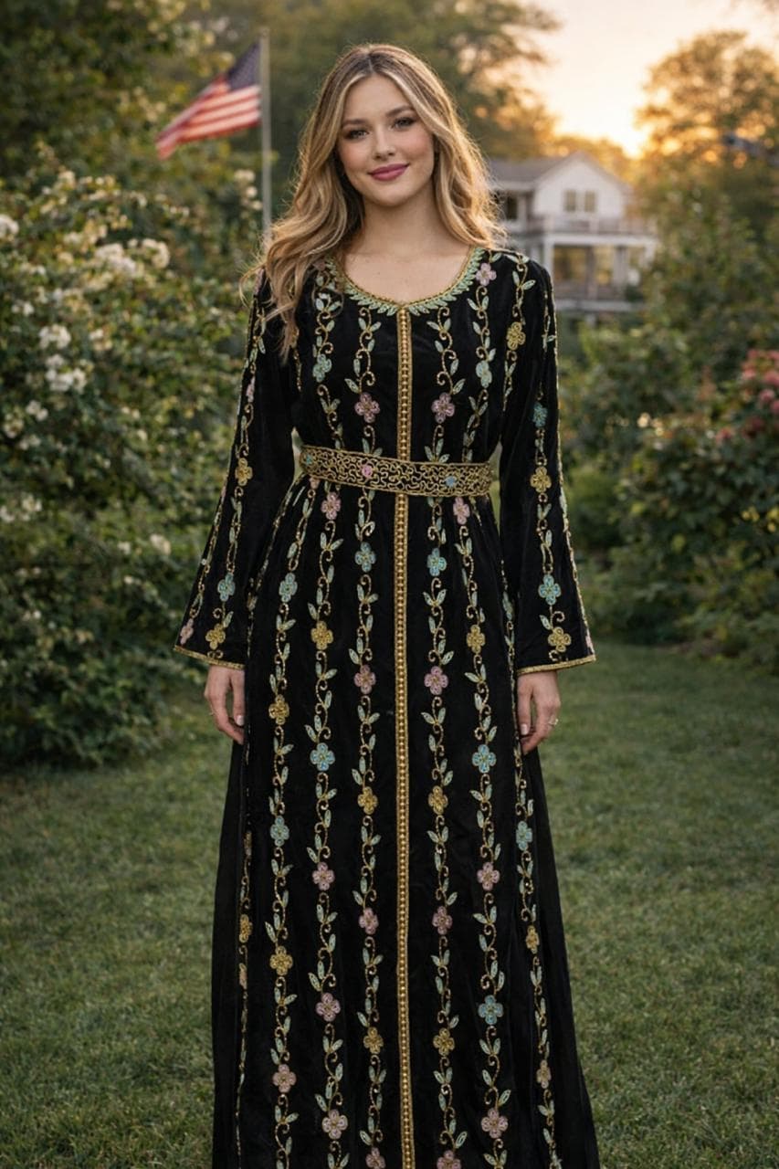 Luxurious Black Velvet Moroccan Kaftan Abaya Dress With Gold Floral Embroidery - Modest Islamic Fashion